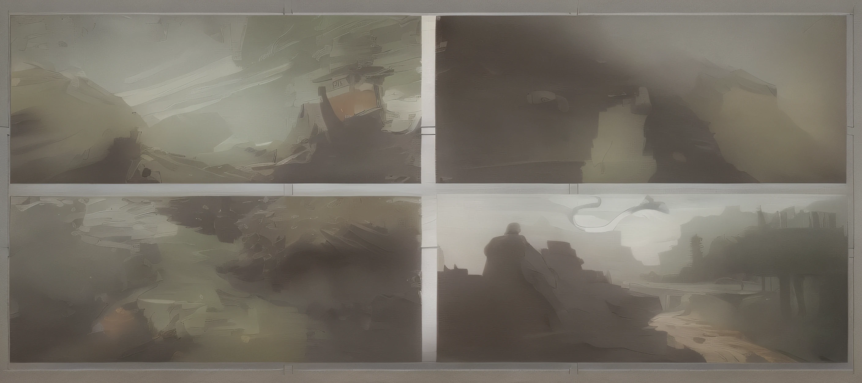 a series of four black and white images of a man in a cloak, composition study, dark high-contrast concept art, published concept art, mostly greyscale, black and white matte painting, illustration concept art, oil paint concept art, inspired by Grzegorz Domaradzki, 3 panel action scenes, comic concept art, dramatic concept art