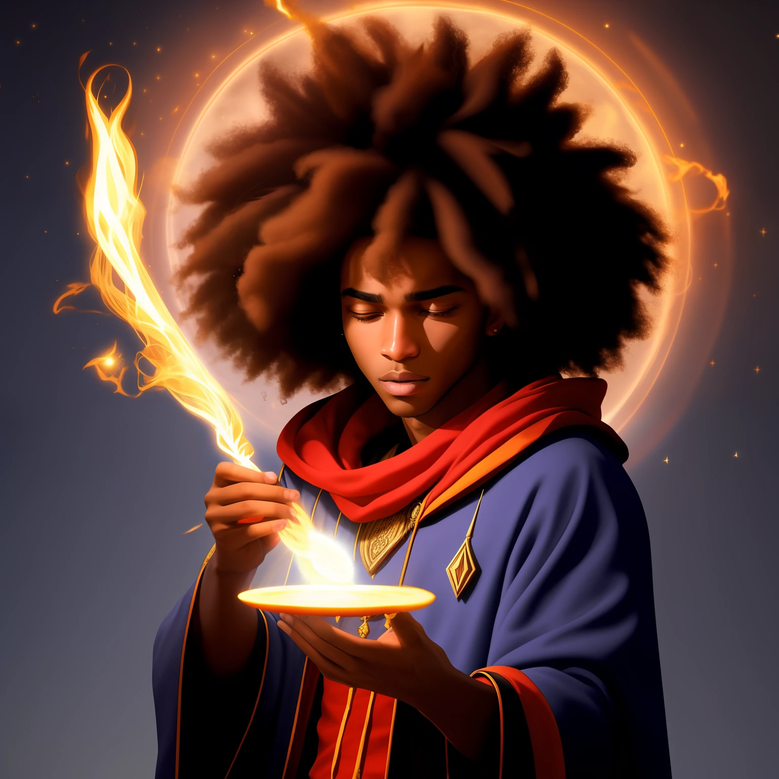 Create an image of a young afro wizard conjuring a spell. Ele usa capa vermelha e possui um cajado de madeira. Estilo realista.