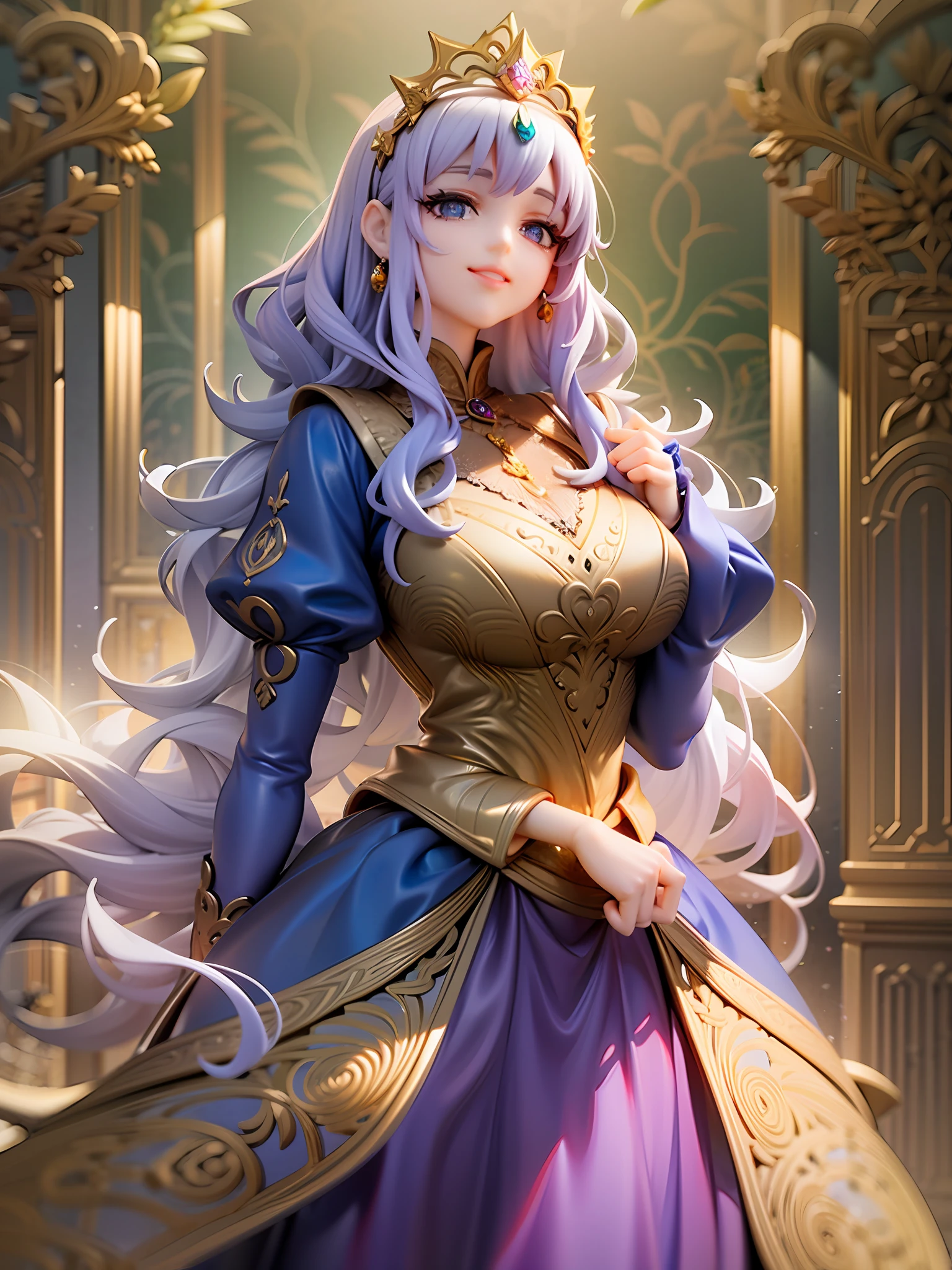 princess, royal blue, soft lavender, tiara studded with gemstones, intricate gold embroidery, serene smile, flowing royal gown, puffy sleeves, intricate gold embroidery, soft lavender hair, long wavy, royal blue eyes, elegant standing pose, lush palace garden background,