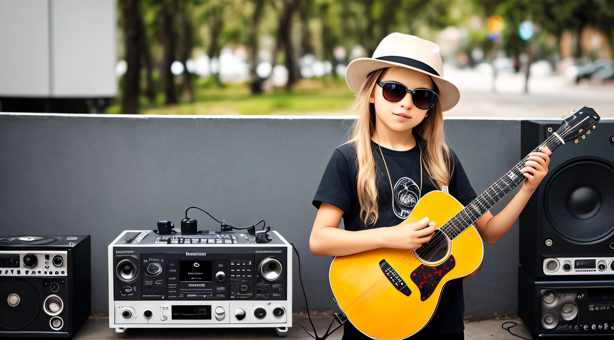 cd player walkmanmENINA CHILD BLONDE LONG HAIR WEARING A HAT , Holding a boombox and pointing with your hand, Boombox, The Music Guy, blaster do gueto, em um fundo VERDE, playing for music, em fundo VERDE, DJ, imagem de muito baixa qualidade, green sunglasses and a guitar, Grande Gueto Blaster, com fones de ouvido, music is life, new music, vibrating with the music