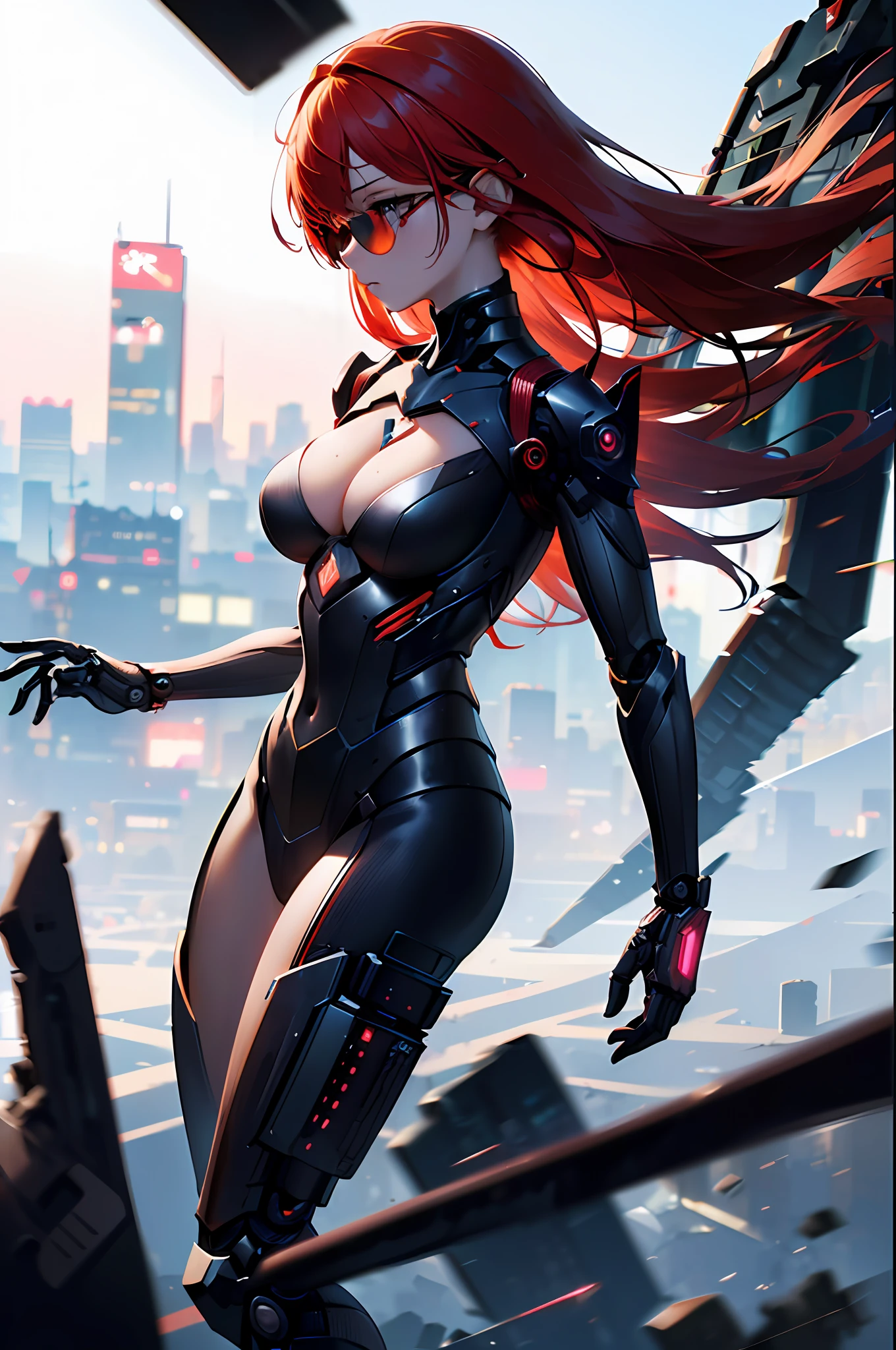 Top quality, masterpiece, ultra-detailed, accurate depiction, highly detailed 8k wallpaper, beautiful mechanical girl, solo, (long red hair), (exoskeleton suit: 1.1), (mechanical joint, mechanical rim), five fingers, cyber glasses, (dynamic angle:1.3), (motion blur:1.5), (flat_chest, cleavage), Cyberpunk City,