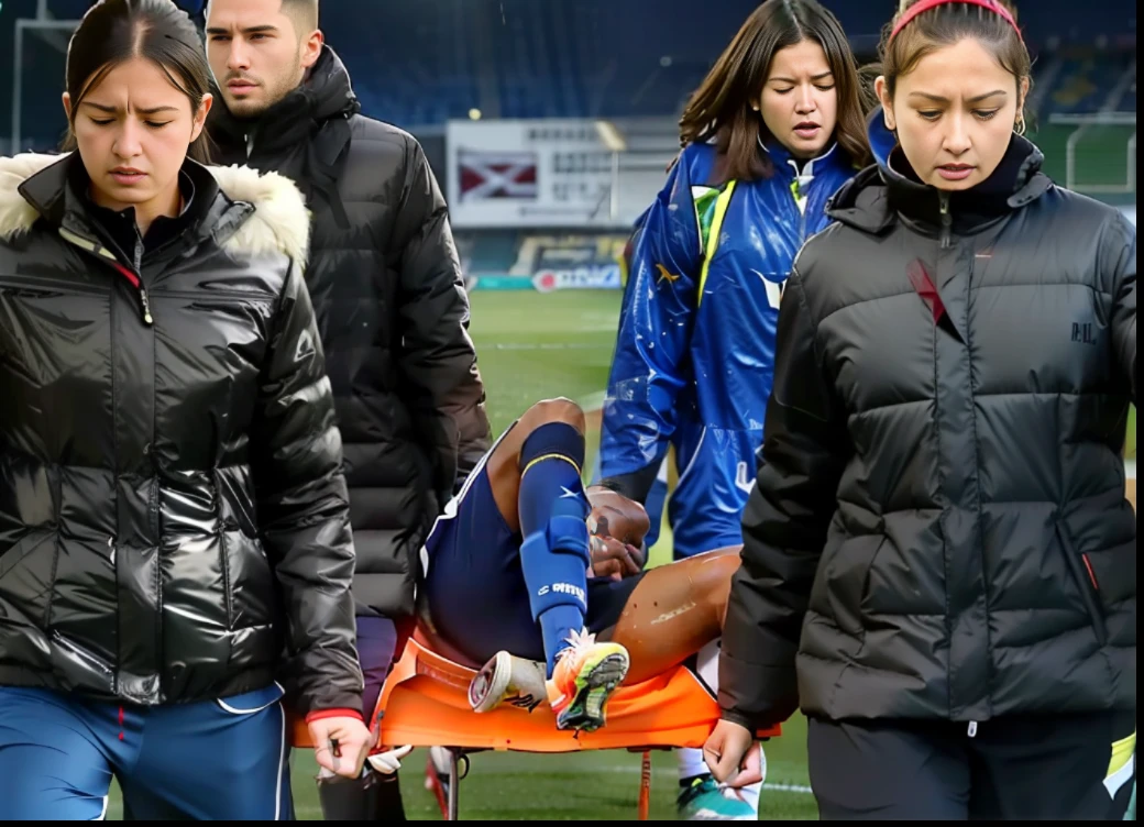 a soccer scene in a sports stadium, cool and wet weather conditions, humide ground, rainy sky, injury scene in a sports stadium, stretcher carry, there are four female medics carrying a stretcher, there are four female medics in very shiny coats who are carrying a stretcher in a sports stadium, there is a wounded male soccer player in a matte short cotton sports outfit lying on the stretcher, an injured male soccer player in matte cotton sportswear is lying in pain on a stretcher, a soccer player in matte cotton sports clothes is rearing up in intense pain while lying on a stretcher, dramatic scene, theatralic posing scene, dramatic pity scene, injury soccer, first aid, help, pity, there are four female medics in wetlook high-shine coats who are looking very sad and very terrified and very shocked, the injured soccer player is screaming out in pain while he is carried from the pitch on a stetcher