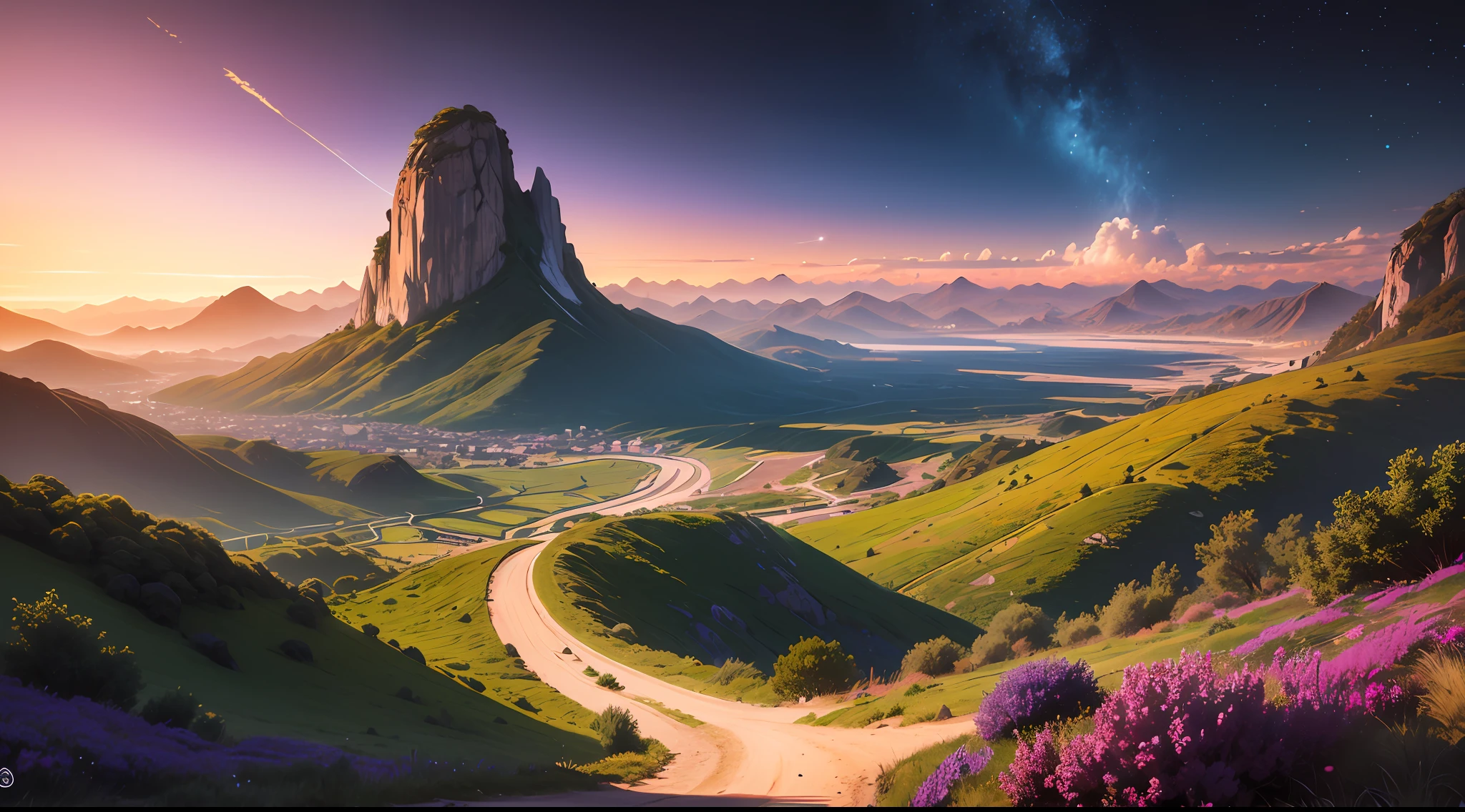 an ultra-realistic landscape of a planet from another dimension with blue and purple colored plants, um rio de cor roxa, the orange sky --auto