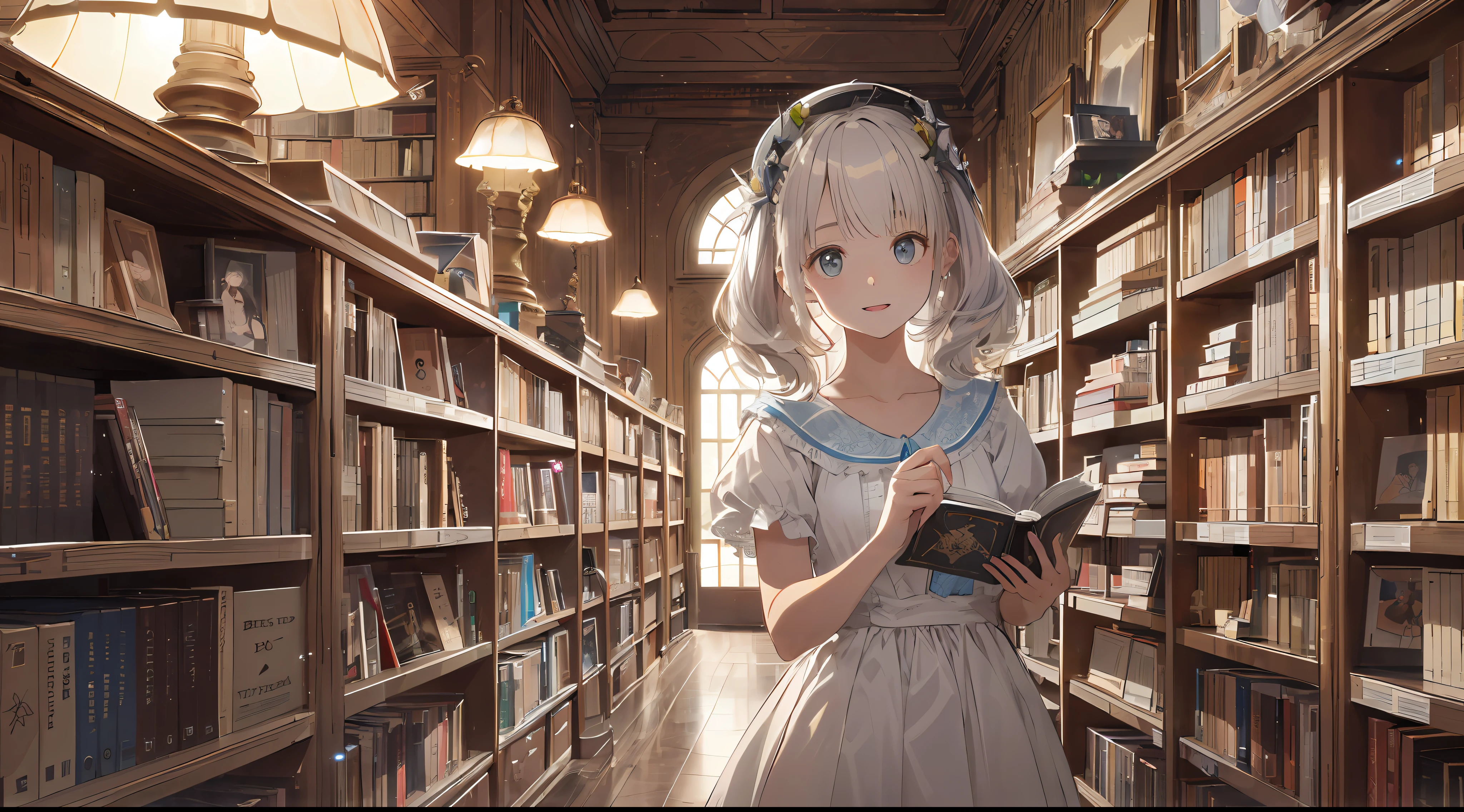(beste-Qualit:1.5)、(ultra hyper-detailed:1.5)、(Highest Quality Photos:1.5)、old library、Lots of bookshelves、Beautiful Girl High School Girl、a very cute、Crystal clear white skin、Books as far as the eye can see、Particles of light、1人、Intelligent facial expressions、Nostalgia hobby、nostalgia、