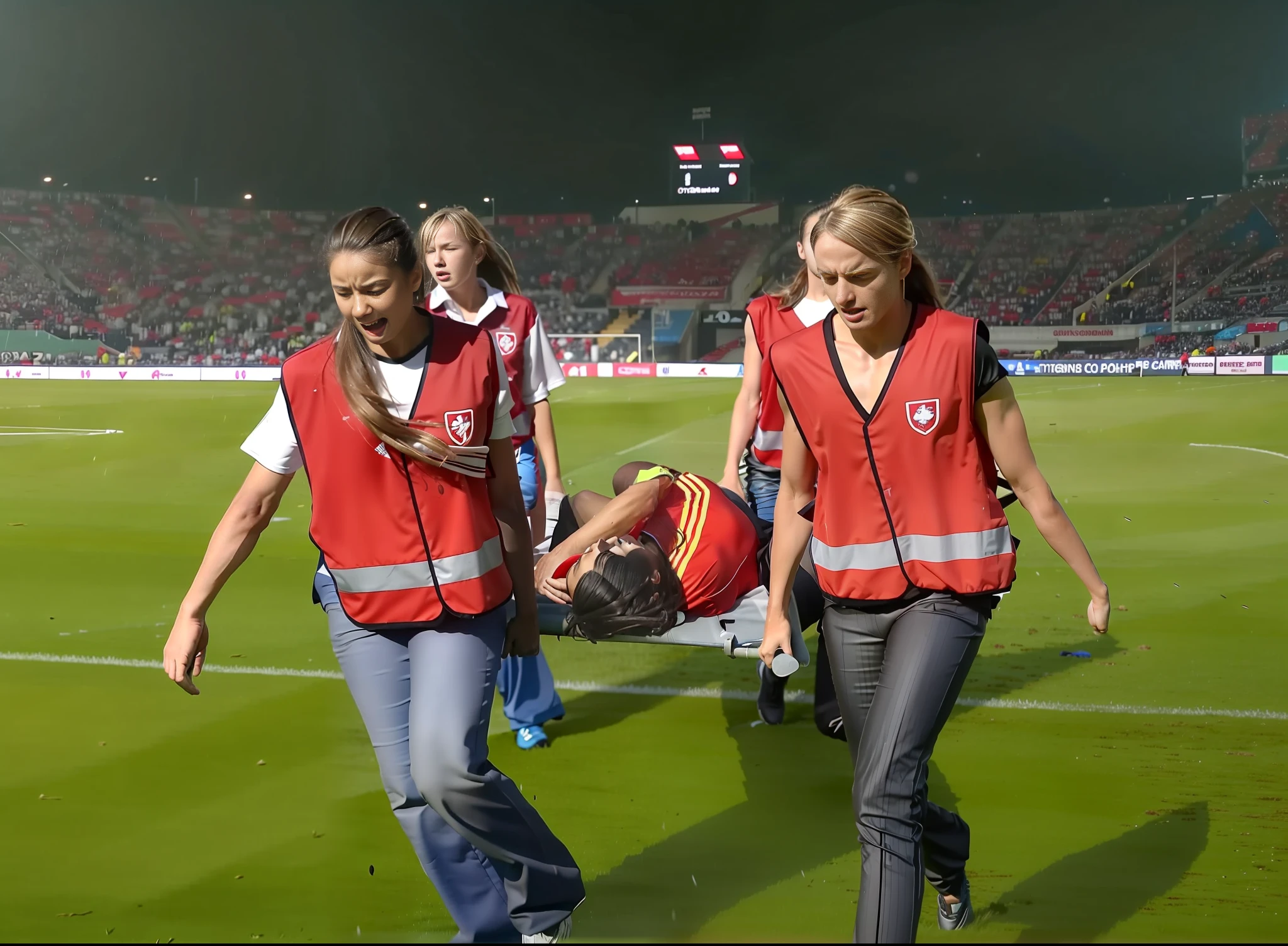 a soccer scene in a chinese sports stadium, rainy weather, wet ground, rainfall, injury scene in a sports stadium, stretcher carry, there are two young schoolgirls in shiny leather-trousers carrying a stretcher, there are two longhaired schoolgirls in high-shine latex-leggings who are carrying a strecther in a rainy sports stadium, there is a wounded male soccer player in a short sports outfit lying on the stretcher, an injured male soccer player is lying on his back on a stretcher and is grabbing his hurting leg with his hands, a soccer player is rearing up in intense pain while lying on his back on a stretcher and grabbing his injured leg with his hands, dramatic scene, thatralic posing scene, dramatic pity scene, injury soccer, first aid, help, pity, there are two very angry looking schoolgirls in shiny latex-trousers who are looking very sad and very terrified and very shocked, the injured soccer player is screaming out in pain while he is carried from the pitch on a stetcher through the rain