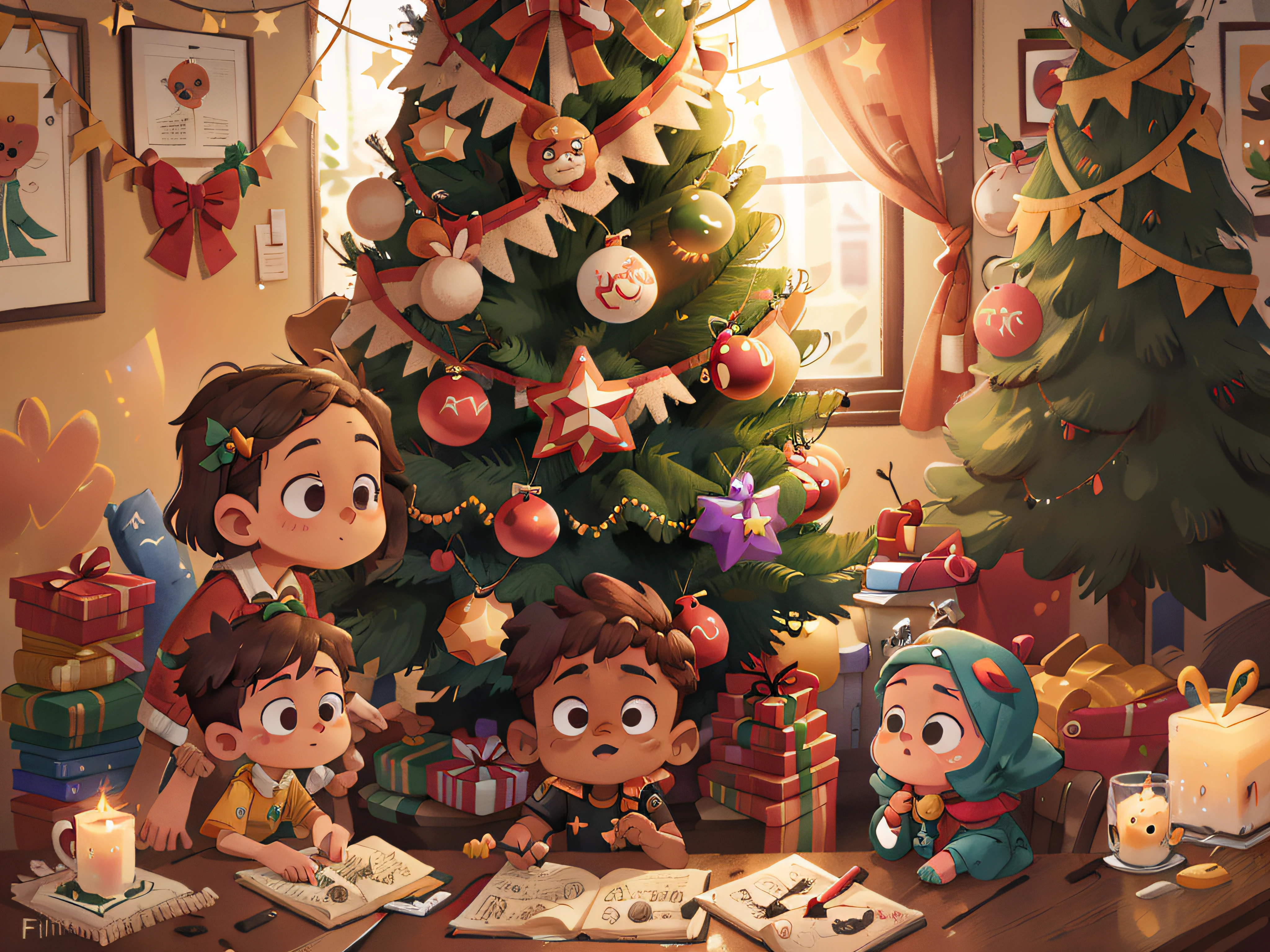 Durante uma festa de Natal, as "Pillipillias" They helped set up the tree and decorate the house with Christmas decorations. They understood that Christmas was a special time to celebrate the birth of Jesus and share love with family and friends.: 0.8), (obra-prima: 1.2) (realista: 1.2) (Bokeh) (melhor qualidade) (pele detalhada: 1.3) (detalhes intrincados) (8k) (olhos de detalhe) (foc afiado).