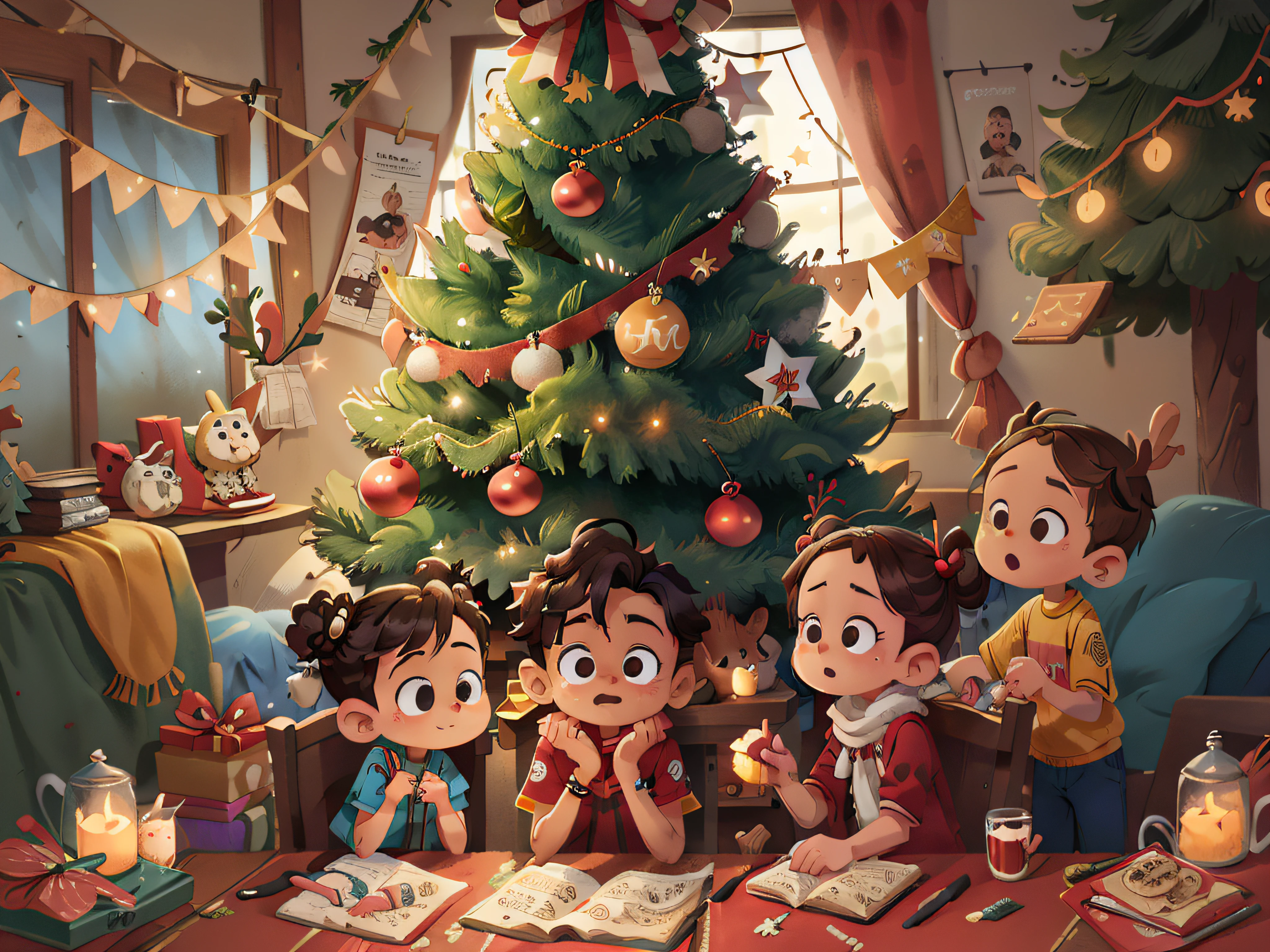Durante uma festa de Natal, as "Pillipillias" They helped set up the tree and decorate the house with Christmas decorations. They understood that Christmas was a special time to celebrate the birth of Jesus and share love with family and friends.: 0.8), (obra-prima: 1.2) (realista: 1.2) (Bokeh) (melhor qualidade) (pele detalhada: 1.3) (detalhes intrincados) (8k) (olhos de detalhe) (foc afiado).