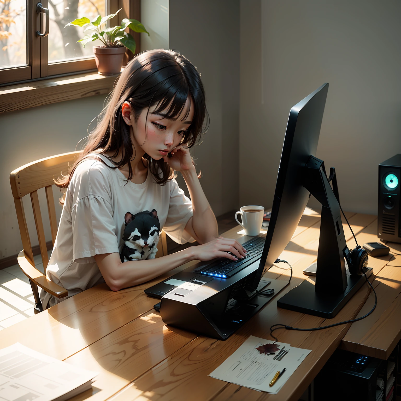 A young programmer，Keep your eyes focused on the code on the screen。A soft glow fills the screen，The interior is brightly lit。The room was surrounded by autumn leaves falling from the trees，Warm sunlight shines through the leaves on the walls，A soft shadow is formed。On the table are the mechanical keyboards that programmers love、Mouse and coffee cup，The cup exudes a long aroma of coffee，Intertwined with the whispered breathing of the computer's cooling fan。 --auto