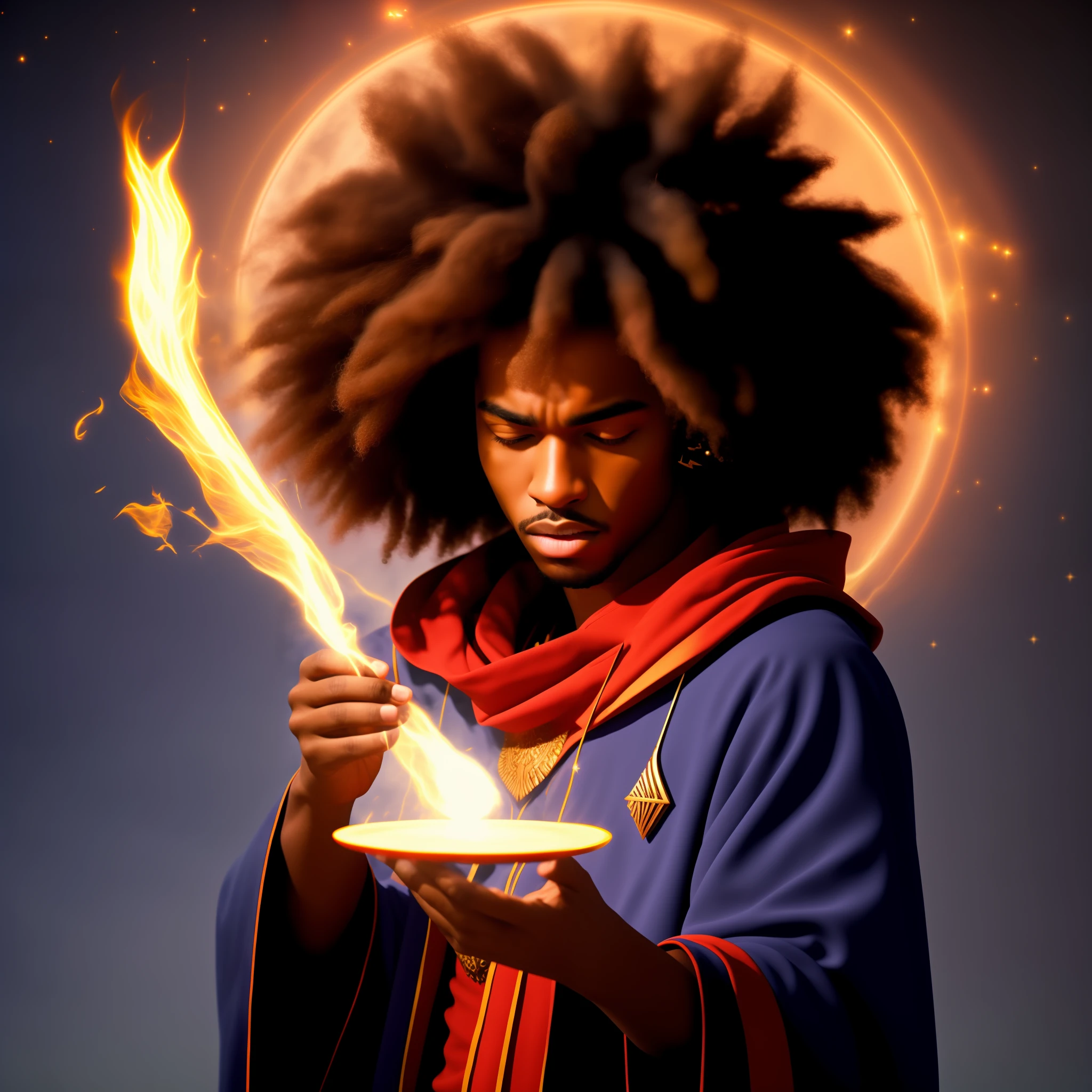 Create an image of a young afro wizard conjuring a spell. Ele usa capa vermelha e possui um cajado de madeira. Estilo realista.