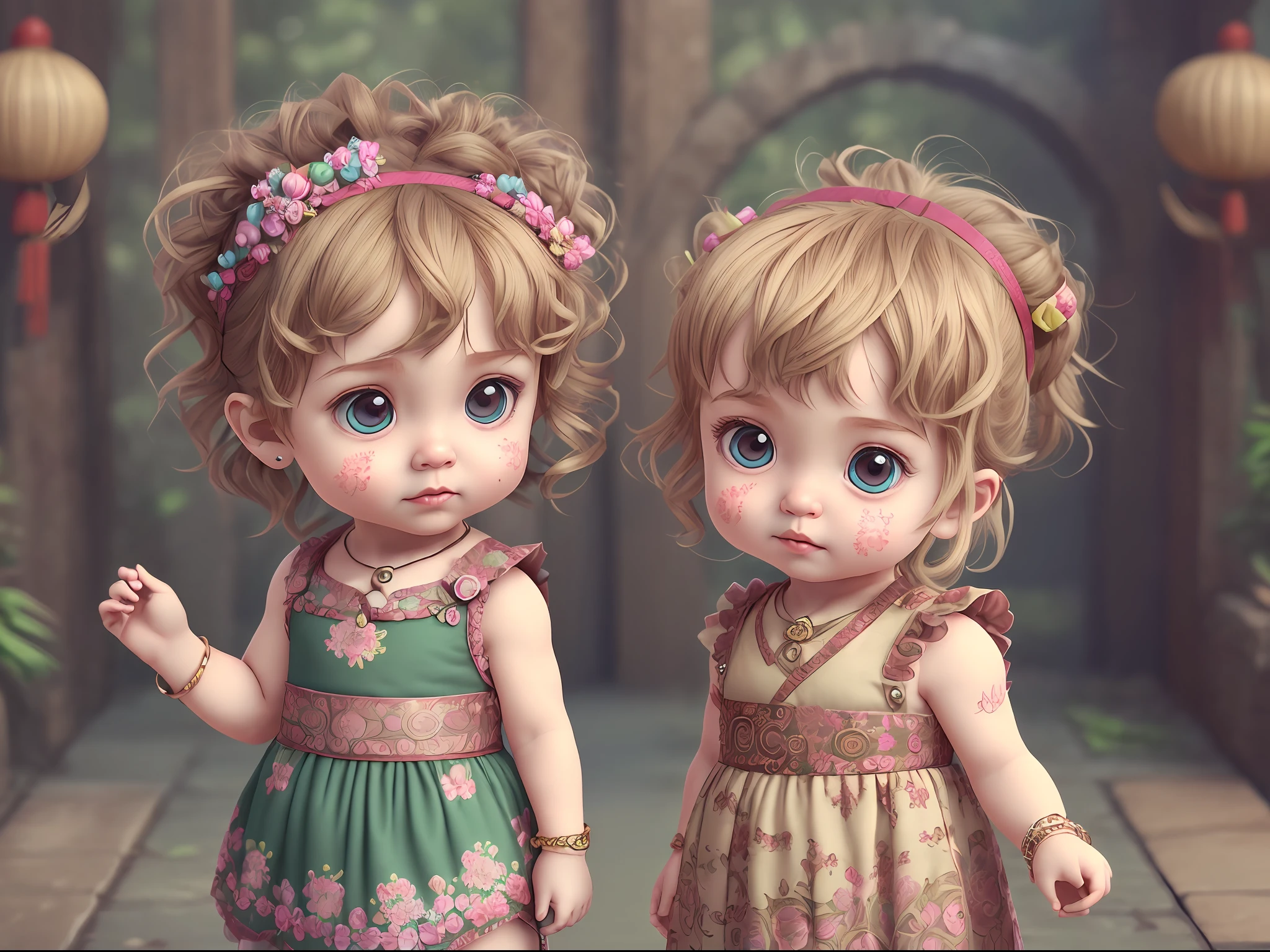 (CBZBB:1.25), Cutest Two  girls，Baby pait illustration, art stations, ...CGI_animations，Ancient Chinese style，doorways