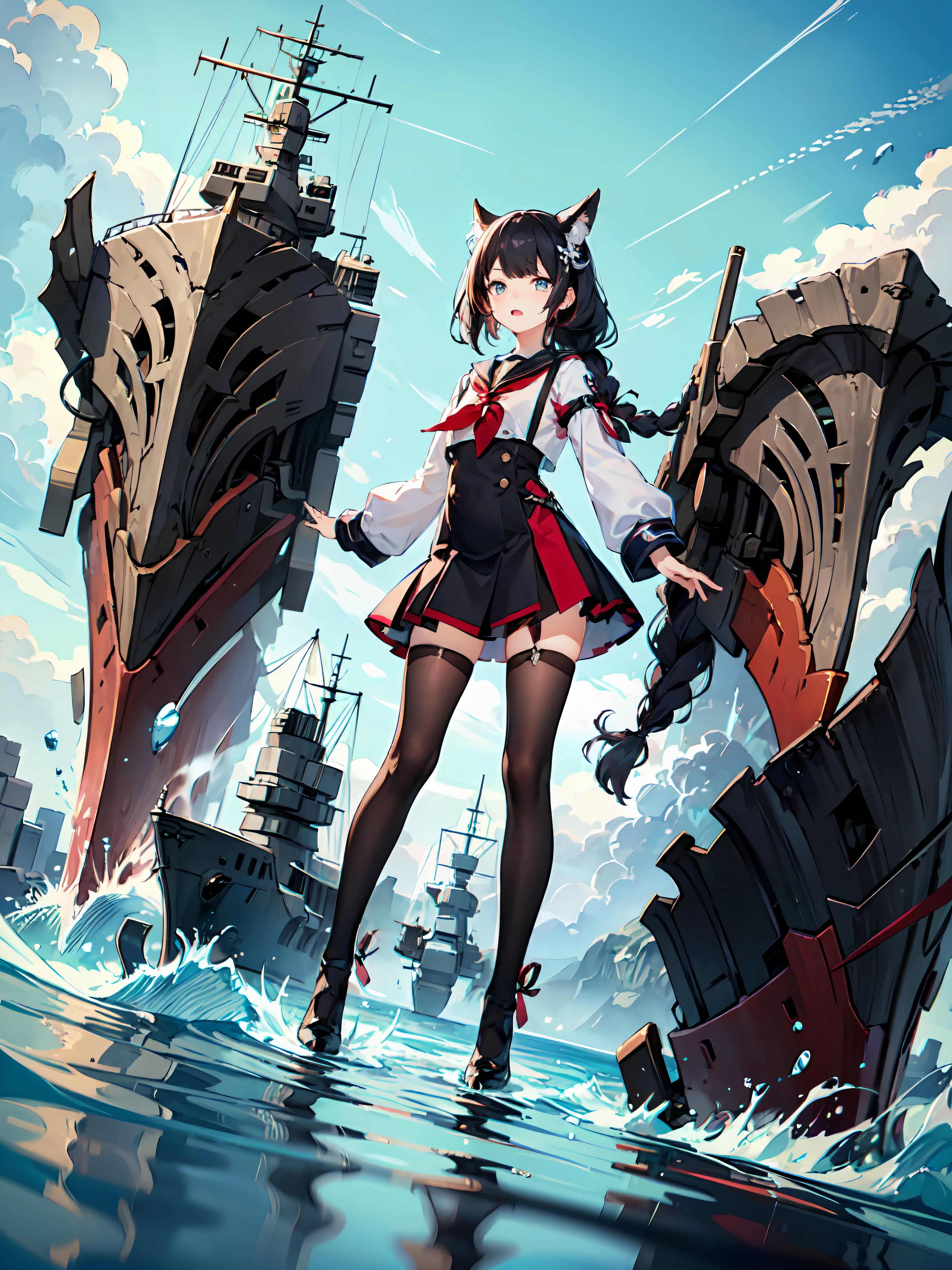 splash art, 100mm shot, centered, full body, cinematic shot, perfect angle, character design, professional character design, Azur Lane art direction,{a ship-girl (battleship + human girl, anthropomorphic), petite, small stature, long blue (fishtail braid) hair, sailor uniform, detailed ship parts, detailed gunship, detailed accessories, detailed face, detailed eyes, detailed nose, detailed mouth and lip}, sea background, dynamic pose, (Ultra detailed, finest detail, intricate), vivid color, vibrant color, RAW photo, epic fantasy, epic composition, epic proportion,(Bloom:0.4, sharp focus, Volumetric lighting, specular lighting, water reflection, reflection, indirect lighting, global illumination, ray tracing, depth of field, hard shadow),2D illustration, 2D vector art, 2D digital painting, 2D flat color, 2D art, HD, UHD, 64K, masterpiece, professional work.