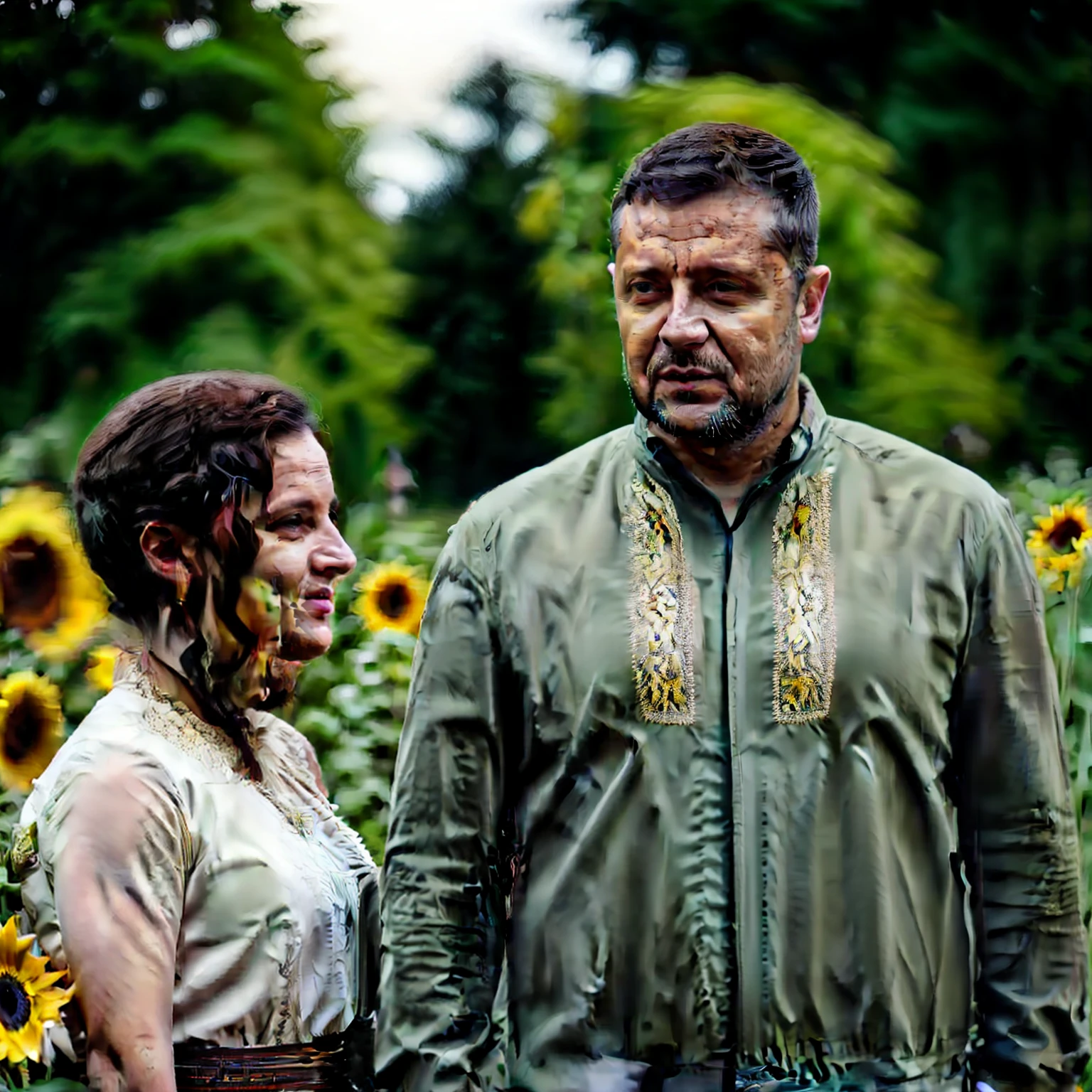 Zelensky in a field dress and sunflowers, Ukrainian national costume, ukrainian national clothes, slavic folk fairytale, ukrainian girl, slavic style, inspired by Viktor Vasnetsov, traditional russia, the goddess of autumn harvest, A beautiful maiden, Ukraine. Photography, Zelensky, goddess of summer, Ukraine. professional photograpy