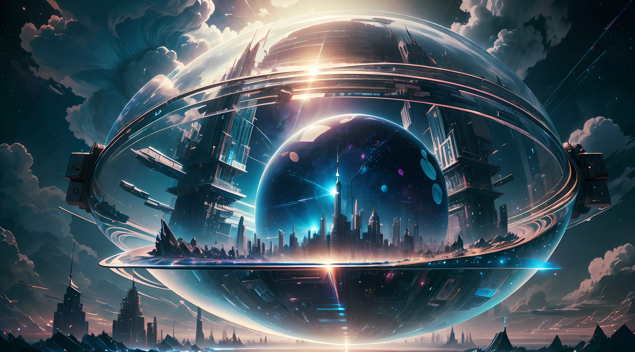 a giant mirrored sphere floating in space, a futuristic city within the sphere, new york, statue of liberty, perspective, twinkling lights, a man admiring, jeans, sweatshirt, (dark sky with clouds and stars:1.3), particles in the air, ray of god, detailed, masterpiece, high resolution, best quality, HD detail, hyper-detail, cinematic, surrealism, soft light, ray tracing and surrealism. --auto --s2