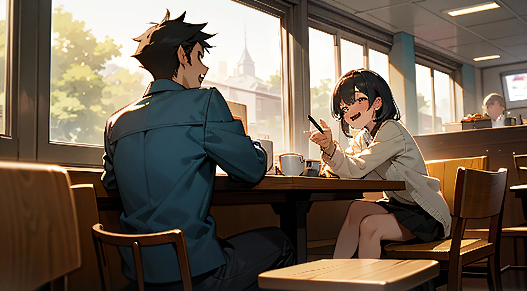 Panel 4:
[They burst into uncontrollable laughter, causing nearby customers to giggle.]  Set in a coffee shop one boy and one girl sitting ,sitting face to face