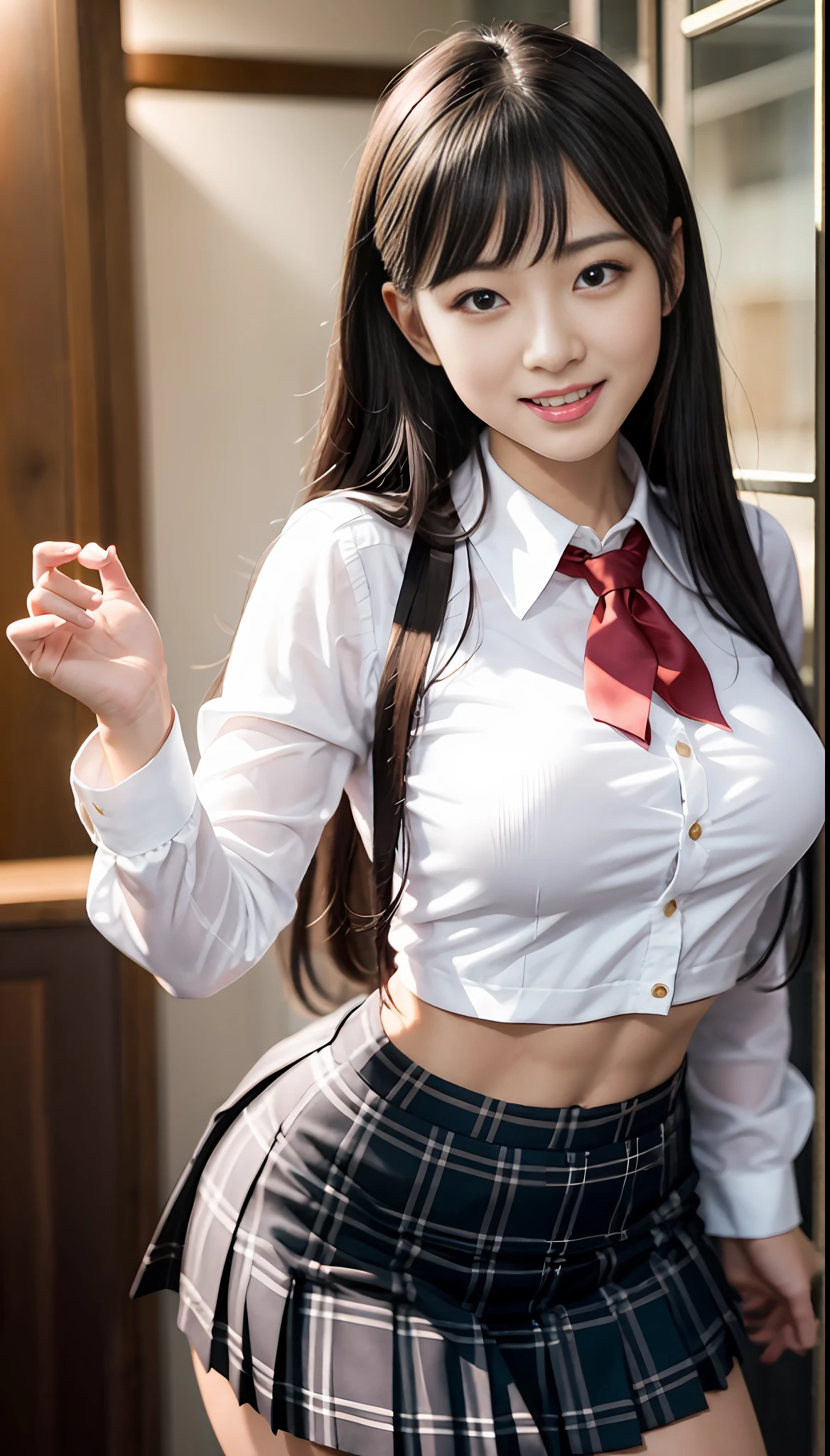 beste-Qualit, Master masterpiece, alto_res, 1 girl, Beautiful Face, photographrealistic, Rim lighting, (High detailed skin:1.2), 8K UHD, DSLR, hightquality, A high resolution, 4 k, 8K, bokeh feeling, tetas grandes, absurderes, Maximum ratio 4 fingers 1 thumb, Thin,Vulgar Japan schoolgirl、Black hair shortcuts, Glossy fabric, Thin and huge、Miniskirt school uniform、Vulgar woman、Hentai、Navel dashi、Trained arms and abs、Muscler、macho、Various poses、Miniskirt school uniform、Classless school uniform miniskirts、chest protruded、sleeve less、Black-haired、Smile vulgarly with your mouth wide open、Free Posing、Gravure Pose