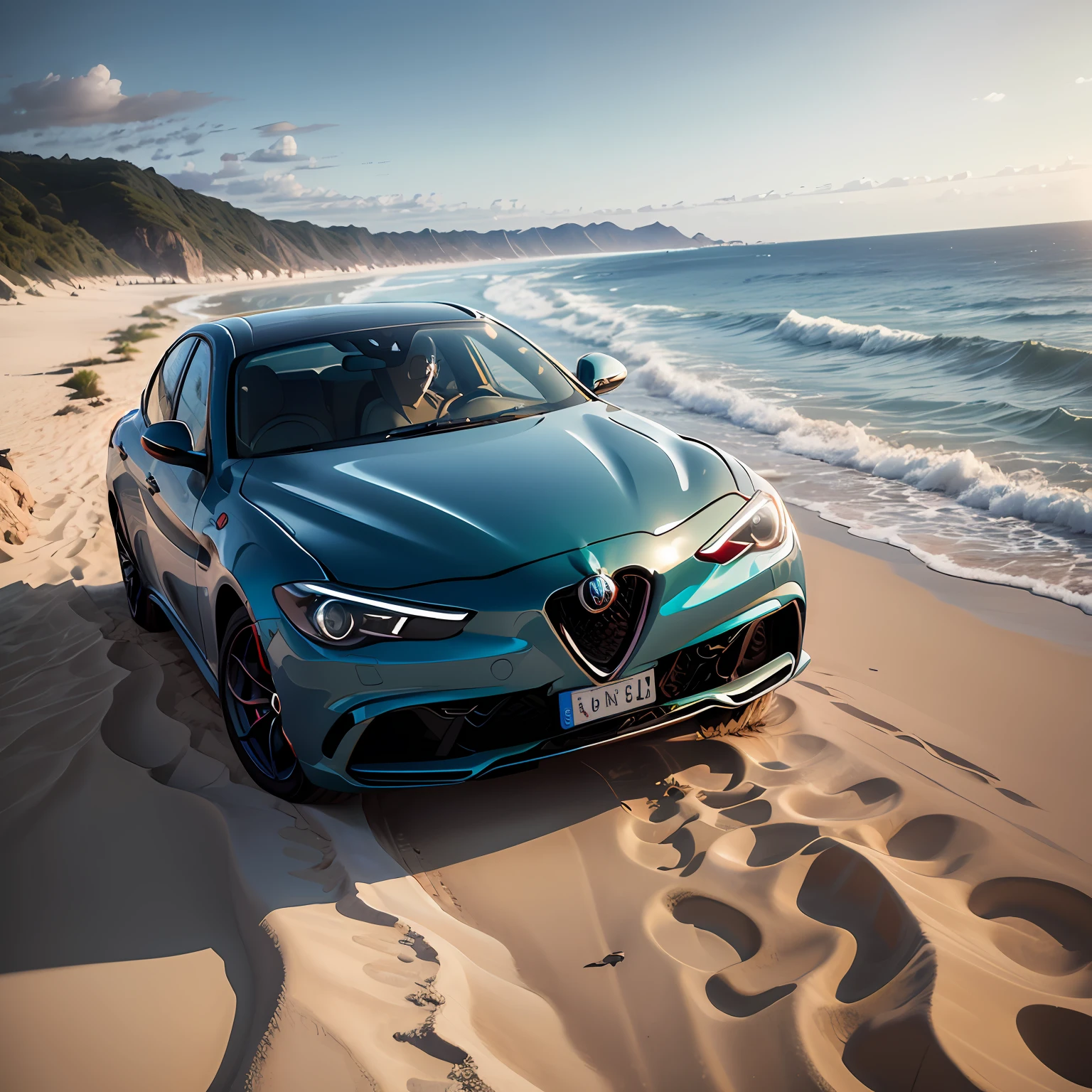 Best quality, masterpiece, ultra high res, (photorealistic:1.4), Alfa Romeo Giulia, water blue color, beach, sand, water --auto
