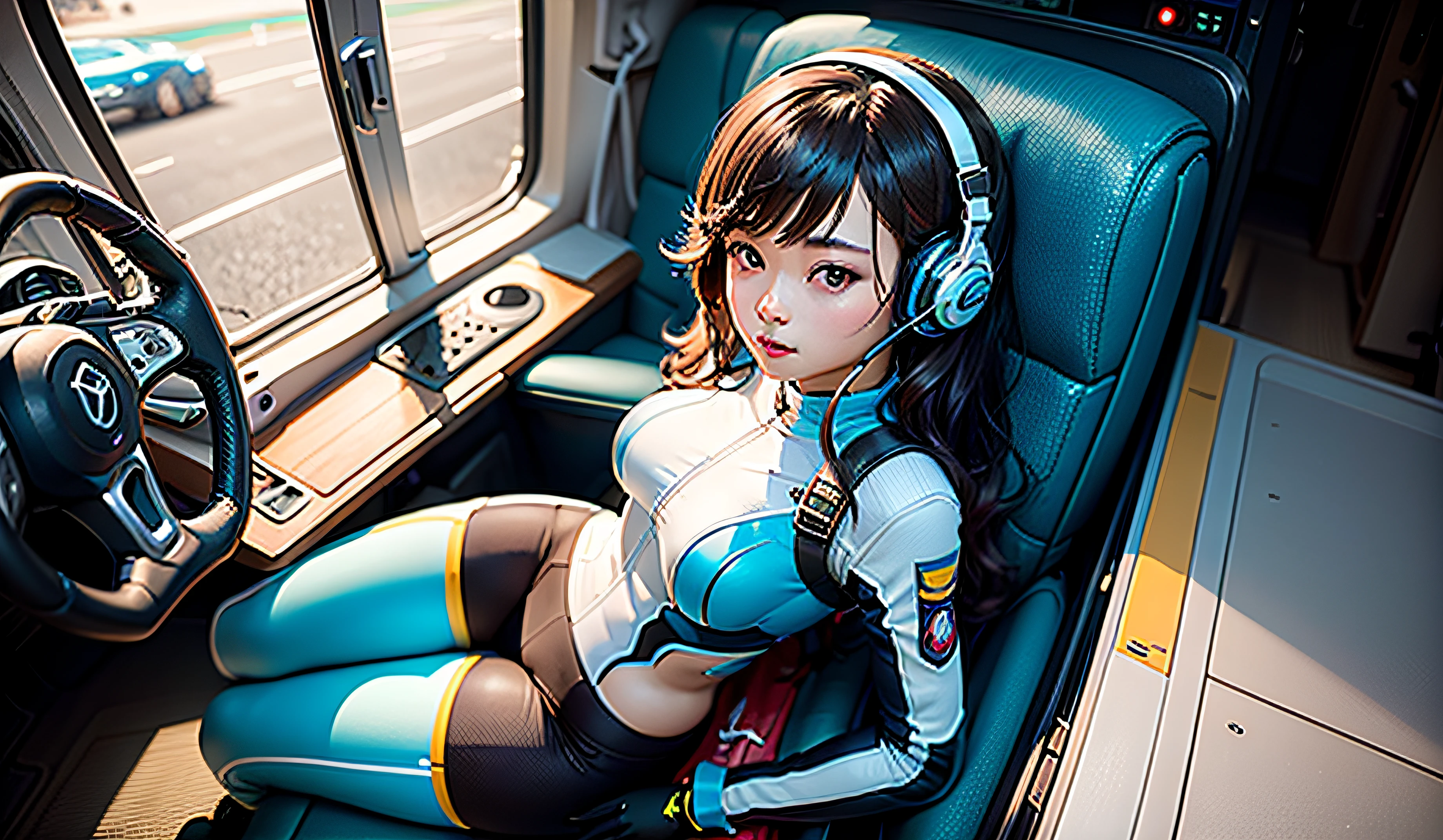 (шедевр、beste-Qualit、Top resolution、Distinct_image、Detailed details、portlate。Angle from above): (独奏、Lone Girl、Japan Faces、short-cut、Brown-haired girl、Whole human body、(the perfect body:1.4)、cuteness、cute-cute、Glittering blue colored eyes、Pilot suit in white and blue colors、Tight Fit Clothing、Clothing that covers the whole body、an extremely delicate and beautiful、detailed skins、Slim body、exoskeleton、lightl smile、heroine、headset on head、long boots、Facing the front、looking ath the viewer、Kindness、gloves)、(Inside the spacecraft、Communications Equipment、controller、cockpit、Maneuvering the Vehicle、Future bride)