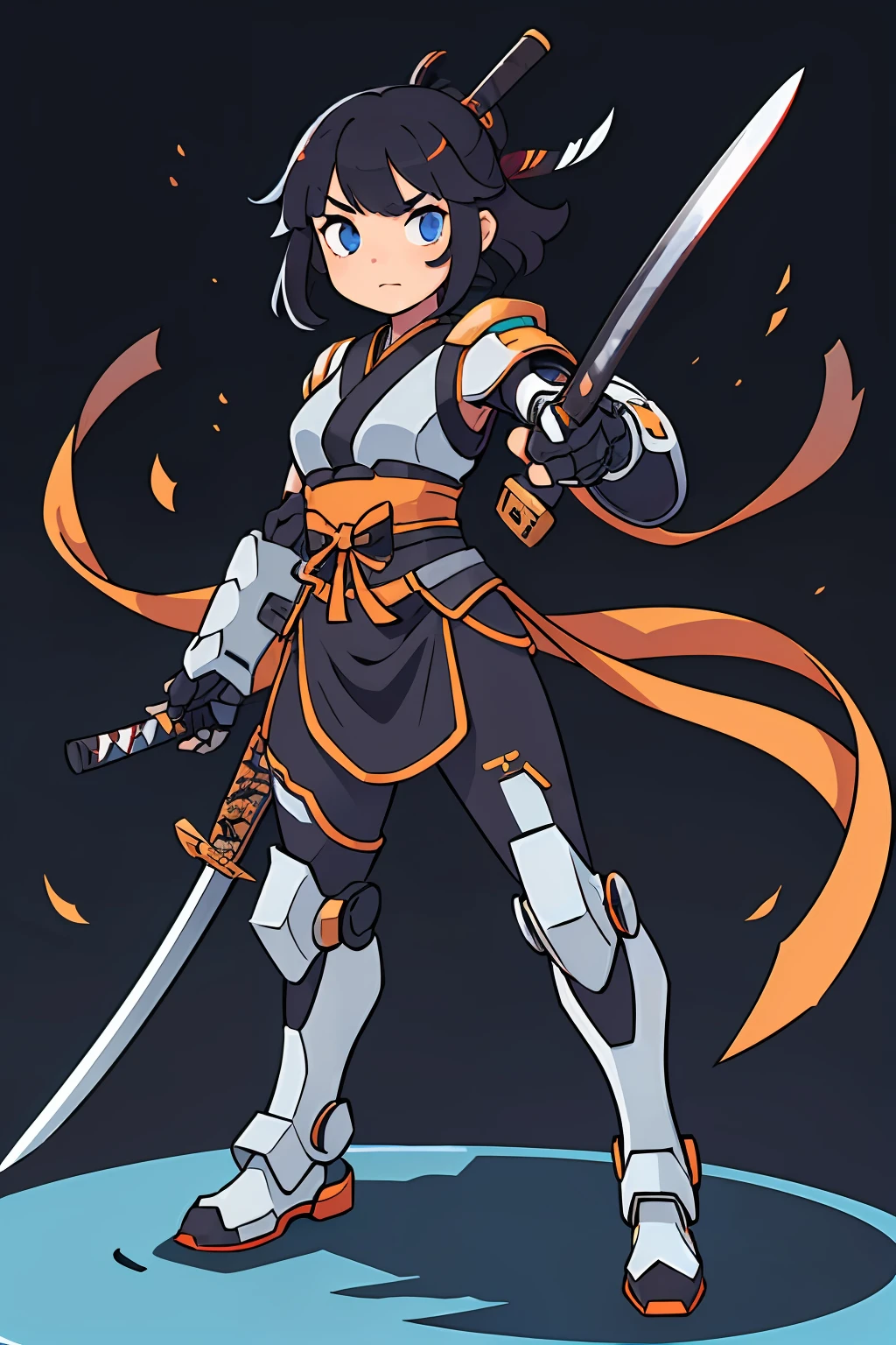 1girl, oni , dynamic pose, cybernetic samurai armor, mechanical limbs, science fiction, plastic , mecha, japanese traditional style ,katana, negative space, nihonga, flat color, vector art