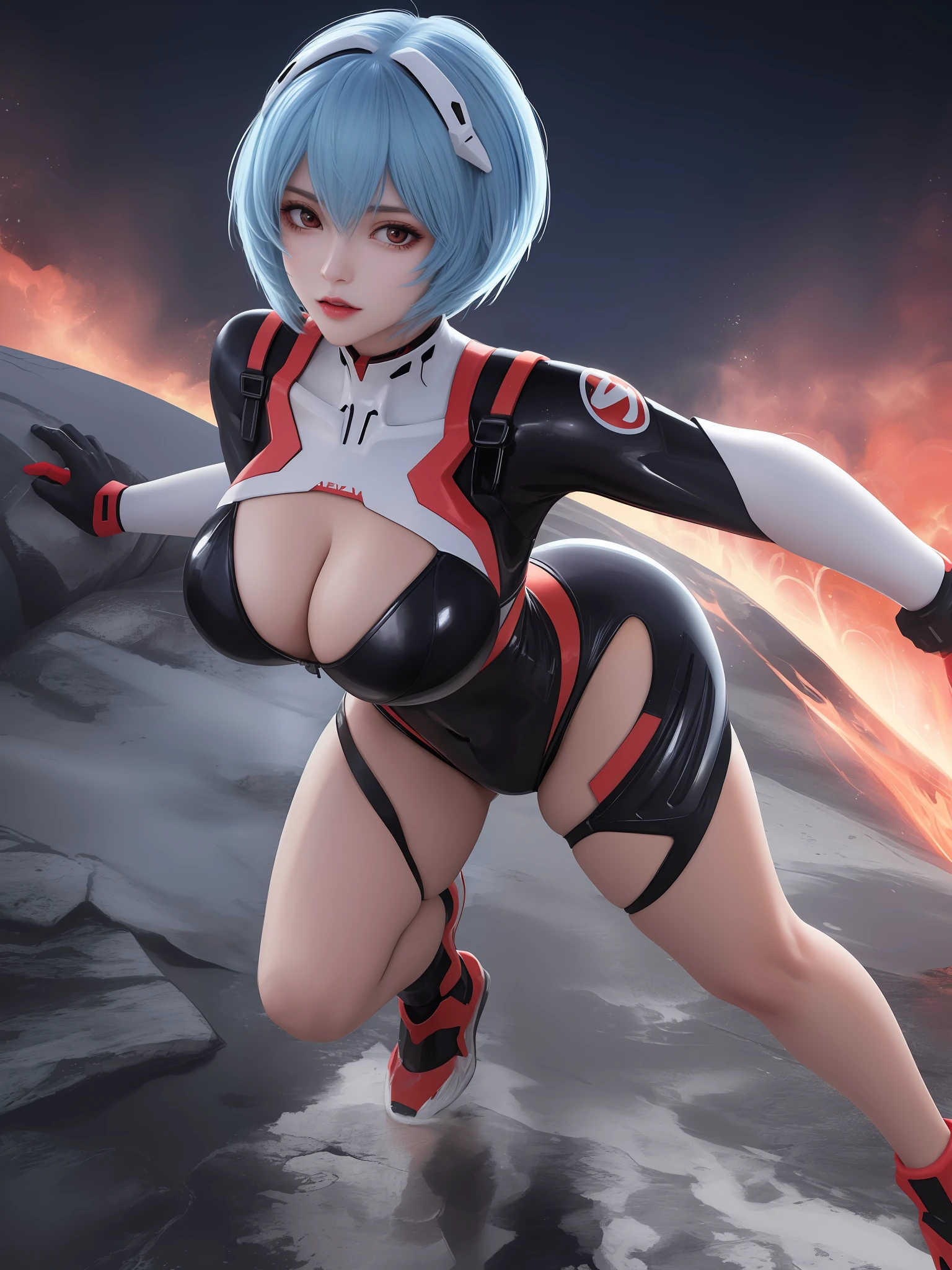 A illustration, a masterpiece of, Magnificent Art, the best quality, 1girl huge large breasts,ayanami rei(Evangelion), Winter weather, Silky skin like peach silk, Short messy blue hair, Sculptural body, (com fagulhas de fogo: 0.7), Adobe illustration, Trand on Artstation, 8K, Hi-Def, uhdr, Cool soft lighting,(Full body natural latex combat suit,,Dynamic pose),((mediuml breasts):1.2,big legs),abstract backgrounds,look to the camera