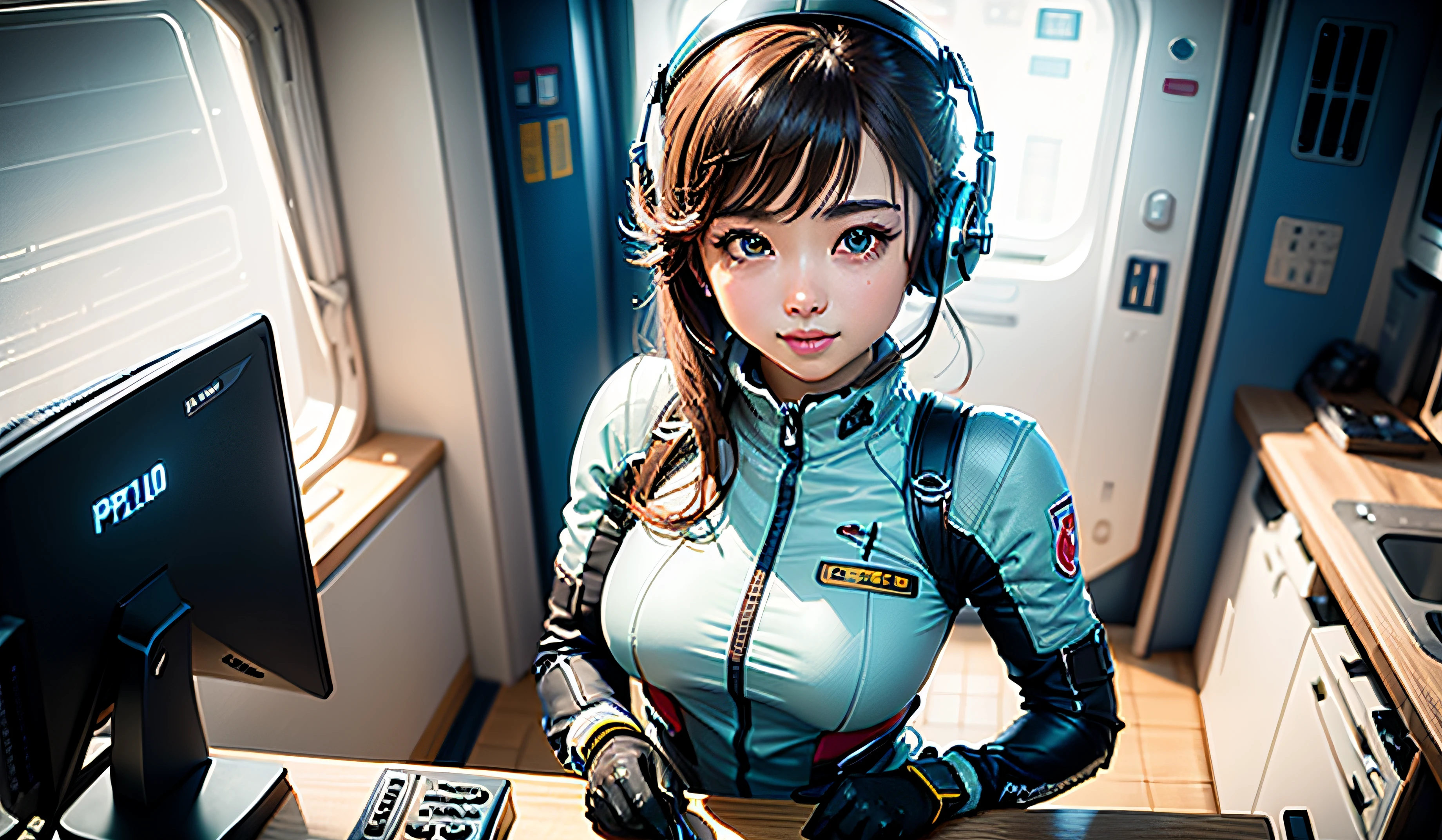 (шедевр、beste-Qualit、Top resolution、Distinct_image、Detailed details、portlate。Angle from above): (独奏、Lone Girl、Japan Faces、short-cut、Brown-haired girl、Whole human body、（the perfect body：1.4）、cuteness、cute-cute、Glittering blue colored eyes、Pilot suit in white and blue colors、Tight Fit Clothing、Clothing that covers the whole body、an extremely delicate and beautiful、detailed skins、Slim body、exoskeleton、lightl smile、heroine、headset on head、long boots、Facing the front、looking ath the viewer、Kindness、gloves)、（Inside the spacecraft、Communications Equipment、controller、cockpit、Maneuvering the Vehicle、Future bride）