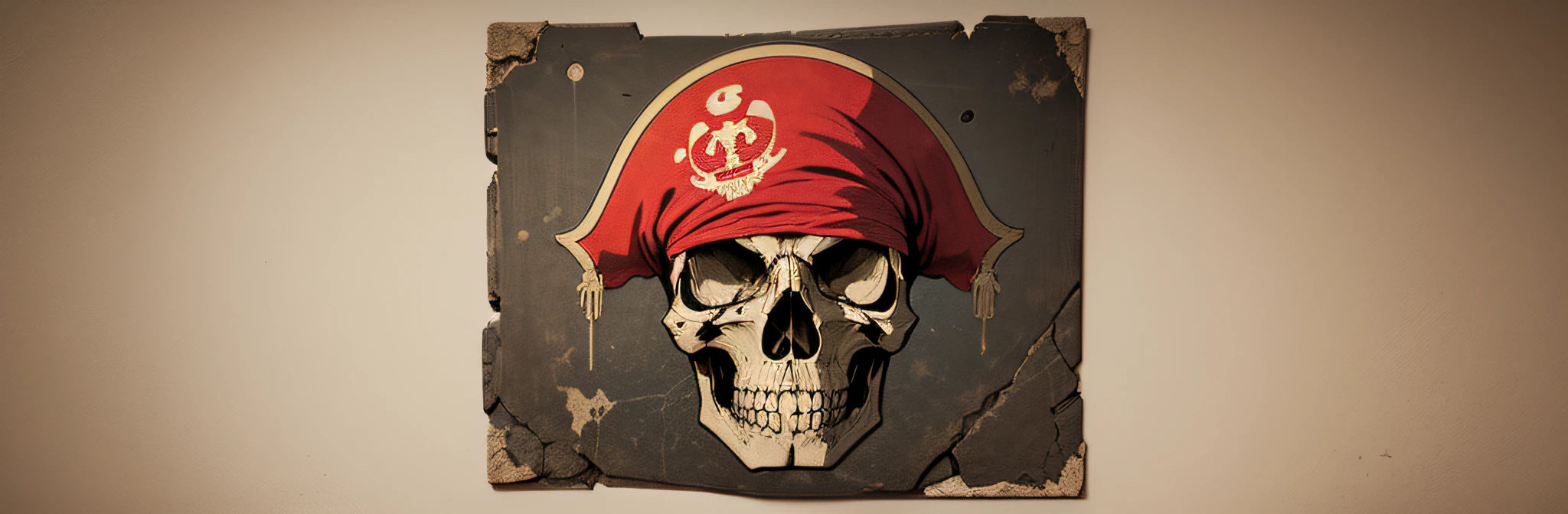 Design an authentic-looking pirate flag with an aspect ratio of 3:1. The flag should be presented as a flat, 2D image without any perspective or angled view. Meticulously craft the flag with a weathered appearance, faded colors, and worn edges. Position the skull and crossbones emblem at the center, intricately detailed with cracks, shading, and fine line work. Ensure that the entire flag design is depicted in a flat manner within the frame, without any elements appearing at an angle or extending beyond the edges. Capture the essence of a flag that has endured countless adventures. Artwork, digital illustration with a realistic texture overlay, --ar 3:1 --v 5