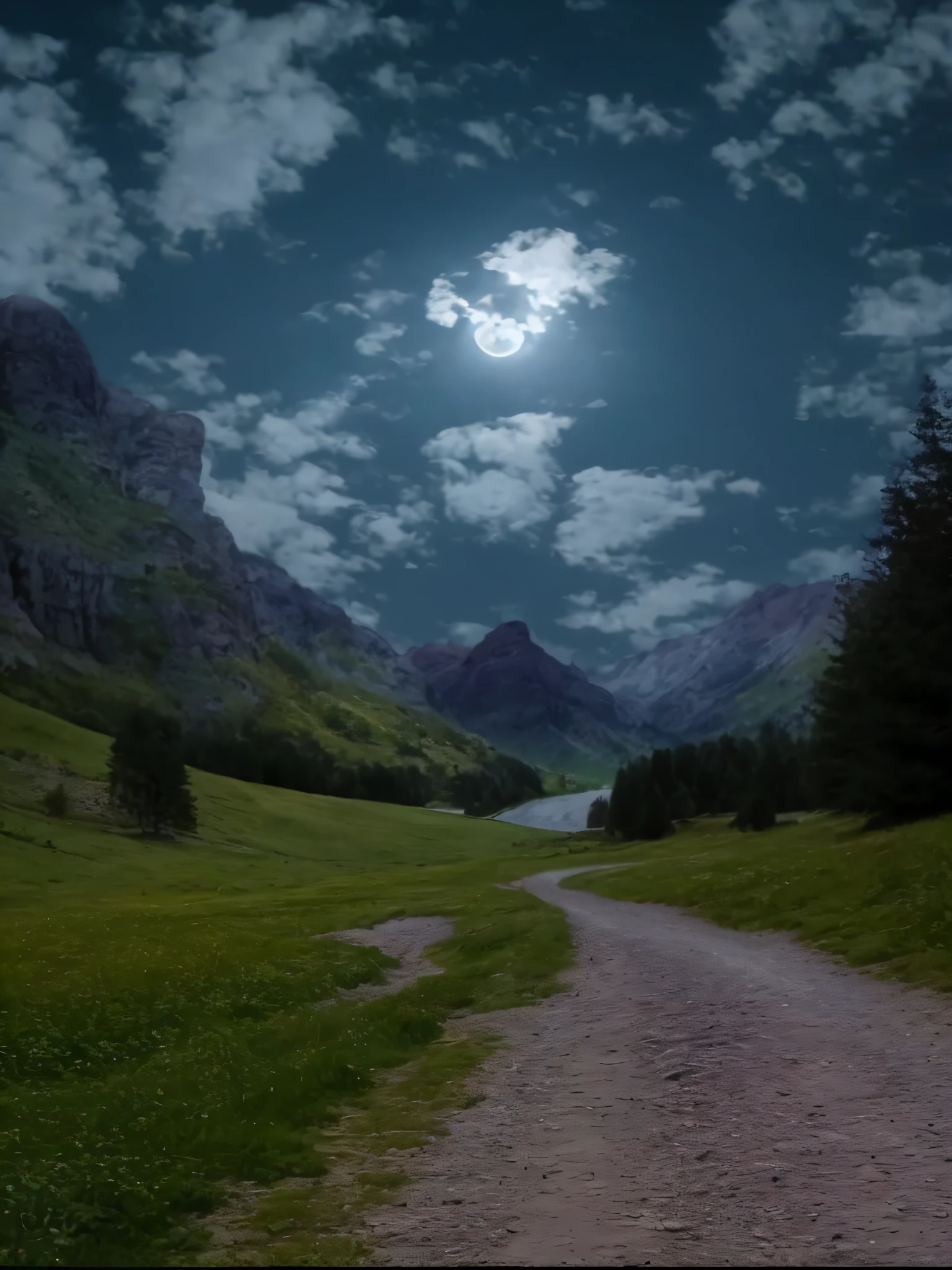 there is a dirt road going through a grassy field under a full moon, nighttime nature landscape, moon landscape, in a valley, beautiful moonlight night, very very very beautiful scenery, stunning nature in background, beautiful moon light, very very beautiful scenery, the glow of the moonlight, beautiful moon light, very beautiful scenery, scenic view at night, magical scenery, A mystical environment