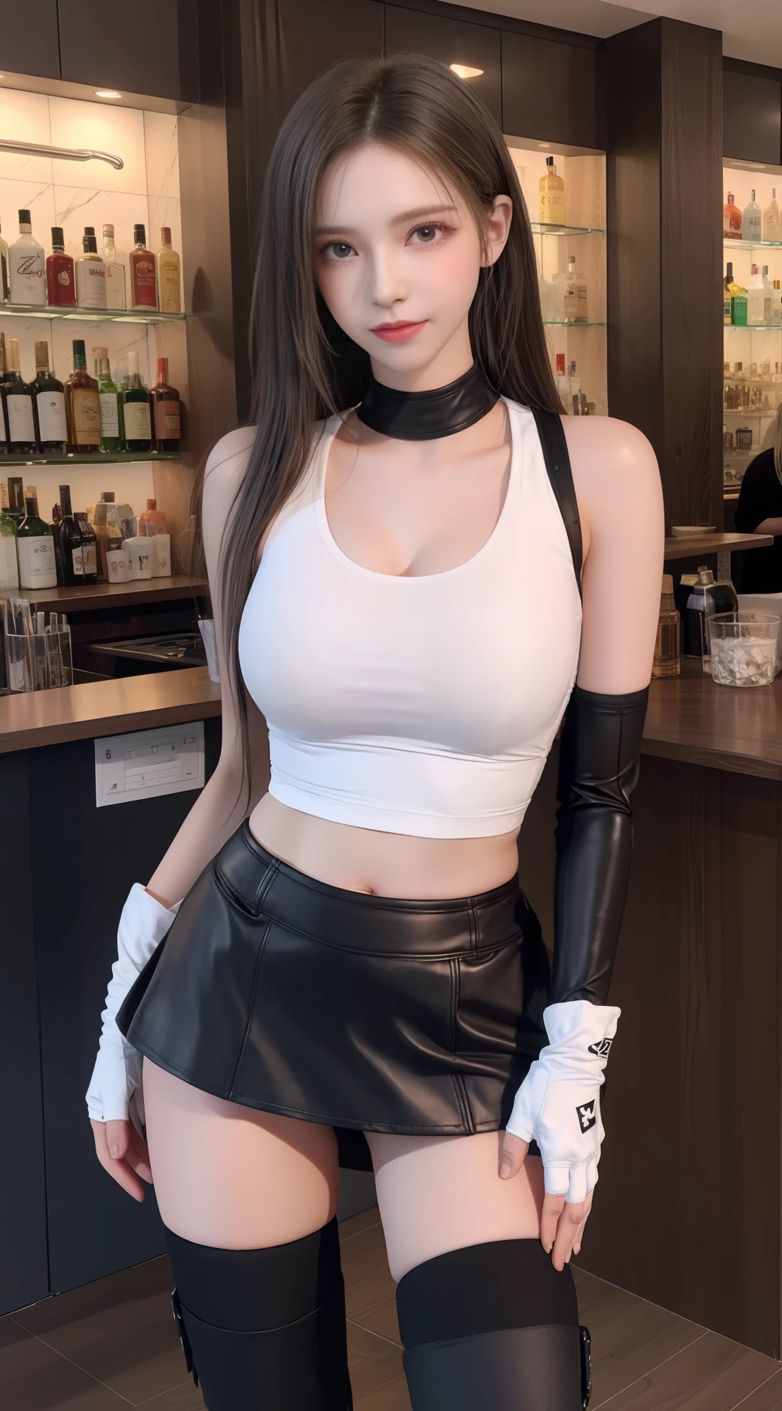 Final Fantasy VII,(blush of nose),single elbow pad,Ankle boots,Black hair,blackskirt,black thighigs,Red boots,gloves on the elbow,elbow pads,Fingerless gloves,Tight fitting shirts,Sports bra,(Slip black skirt),big legs,White low-cut vest, black har, fullllbody, Look at viewers, Stand and pose at the bar, Sexy mouth, makeups, bokeh, Best Quority, a masterpiece of, A high resolution, UHD, 1080P