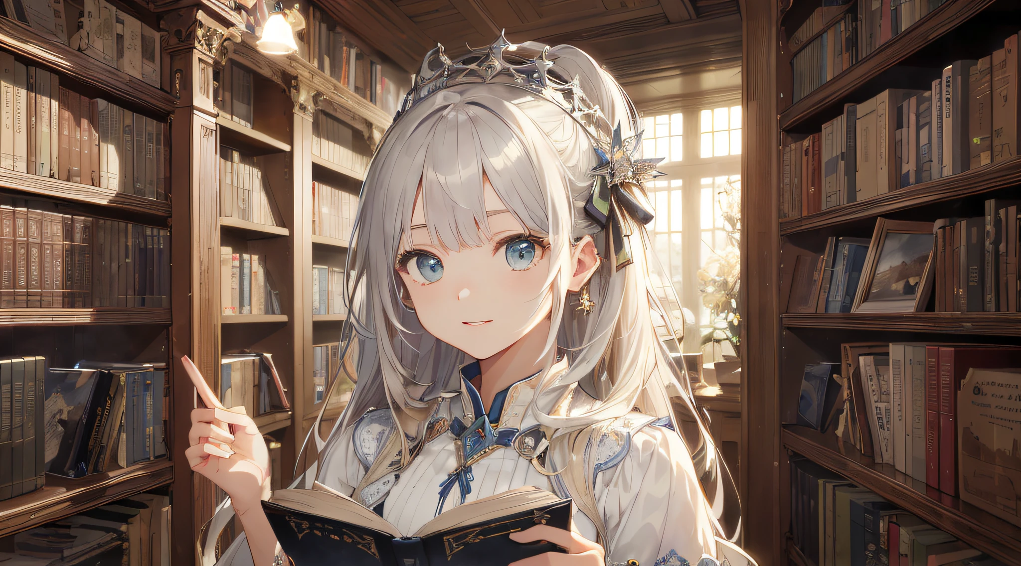 (beste-Qualit:1.5)、(ultra hyper-detailed:1.5)、(Highest Quality Photos:1.5)、old library、Lots of bookshelves、Beautiful Girl High School Girl、a very cute、Crystal clear white skin、Books as far as the eye can see、Particles of light、1 persons、Intelligent facial expressions、Nostalgia hobby、nostalgia、