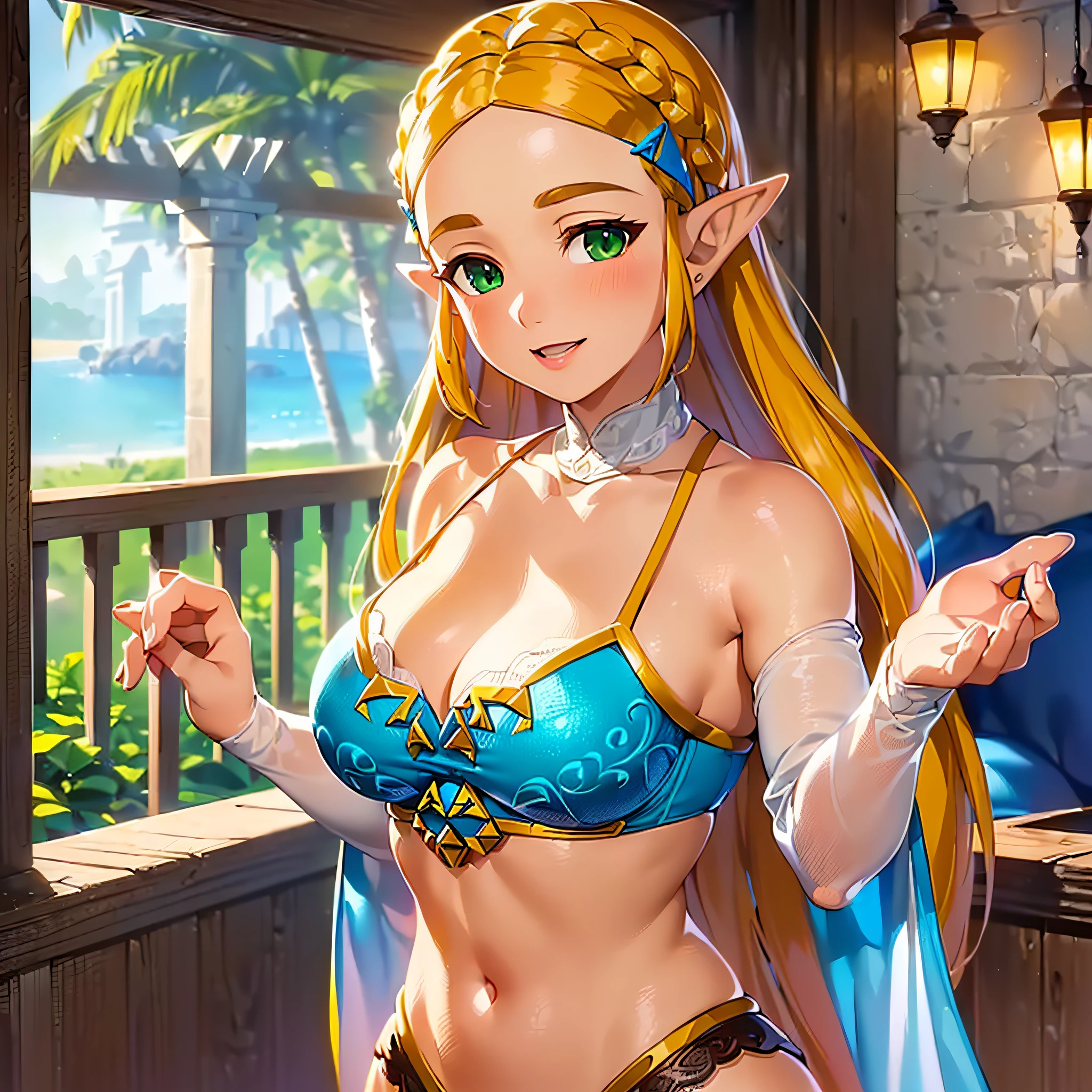 ((masterpiece)),(illustration),(((best quality)),iridescent, high resolution illustration,Amazing,highres,intricate detail, extremely detailed CG unity 8k wallpaper ((zelda)), large breasts, cleavage, upper_body, (delicate cute face), blond long hair, lovestruck,(green eyes), beach, moonlight, night time, lace bra, lace panties, smile, facing viewer, ,