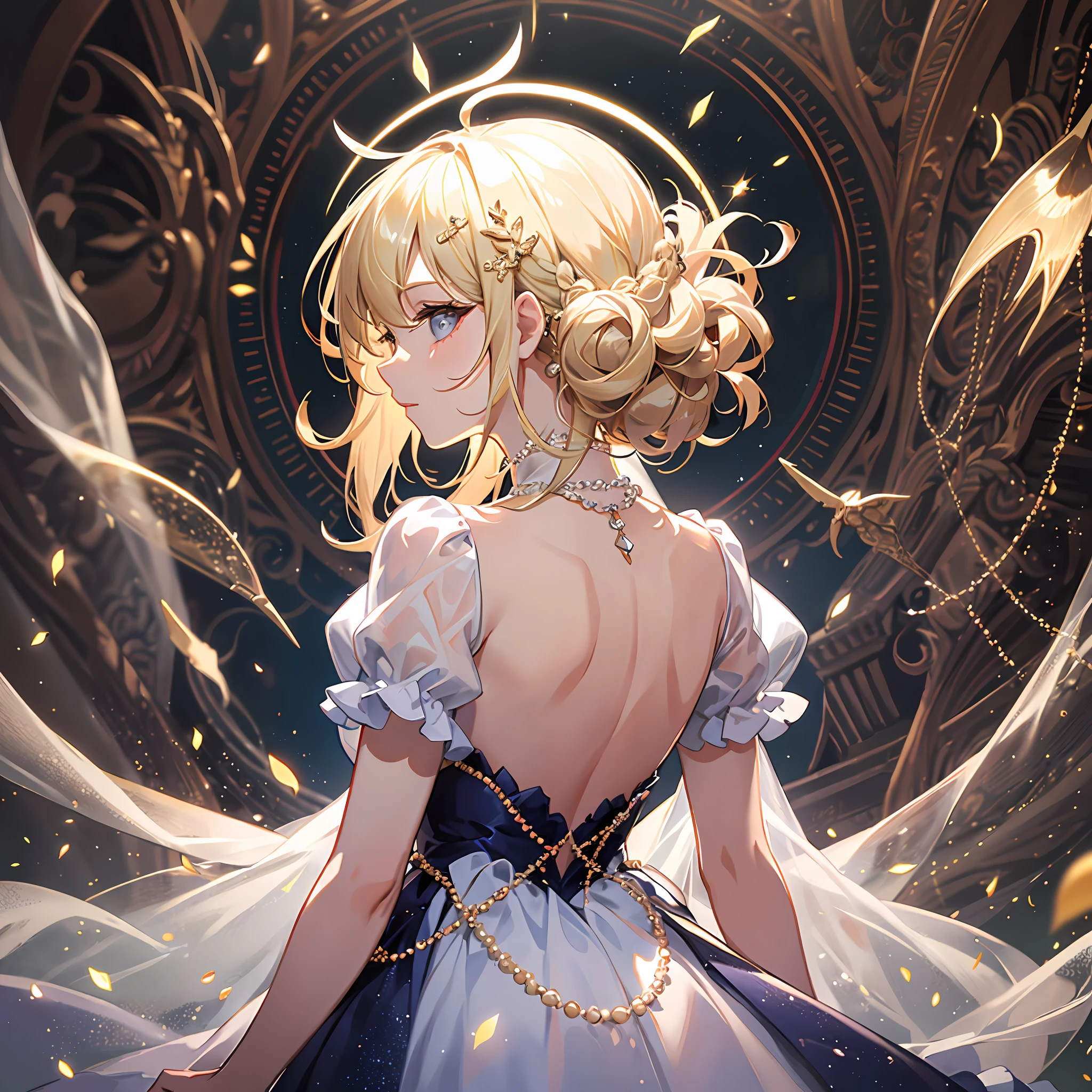 A blonde girl in a dress of pearls, her hair cascading down her back, a halo of light around her head, and a transparent fabric dress that shimmers in the light.