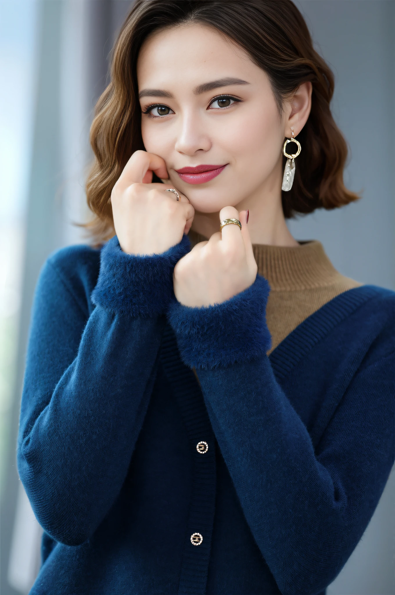 arafed woman in a blue sweater and gold earrings posing for a picture, blue sweater, golden blue outfit, blue turtleneck, de um azul intenso, blue soft details, product introduction photos, in a navy blue sweater, korean women's fashion model, detailed with high quality, full subject shown in photo, colors with gold and dark blue, Detailed picture