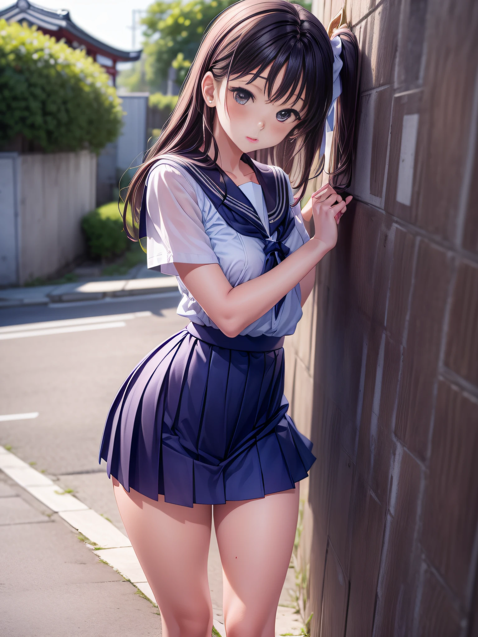 there is a woman leaning against a wall in a short skirt, wearing japanese school uniform, seifuku, of a schoolgirl posing, japanese girl school uniform, japanese school uniform, of a youthful japanese girl, rumiko, two japanese schoolgirls posing, young gravure idol, iwakura lain, young skinny gravure idol, shojo, akiko takase