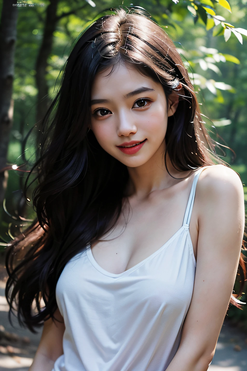 best of quality、шедевр、photoRealstic、intricate-detail、Raw foto、Photon Rendering、Octane Rendering、absurderes、ultra hyper-detailed、detailed faces、Detailed skin、trend on artstation、in 8K、шедевр、lighting like a movie、( (1girl in))、((独奏) ))、((Behold))、CG Social Trends、Plastic En、((Black Long Hair))、((a beautiful lady))、(A smile),summer clothing、Camisole、(White Skin Skin)、Fashionable、A sexy、hair flowing in wind、((Flowing hair))、Happy、fashion magazine、((lighting like a movie))、Innocent eyes、blusher、Open lips、Upper teeth、(Smiling eyes:0.6)、 ((Grinning:1.2))、depth of field,、((a woods))、