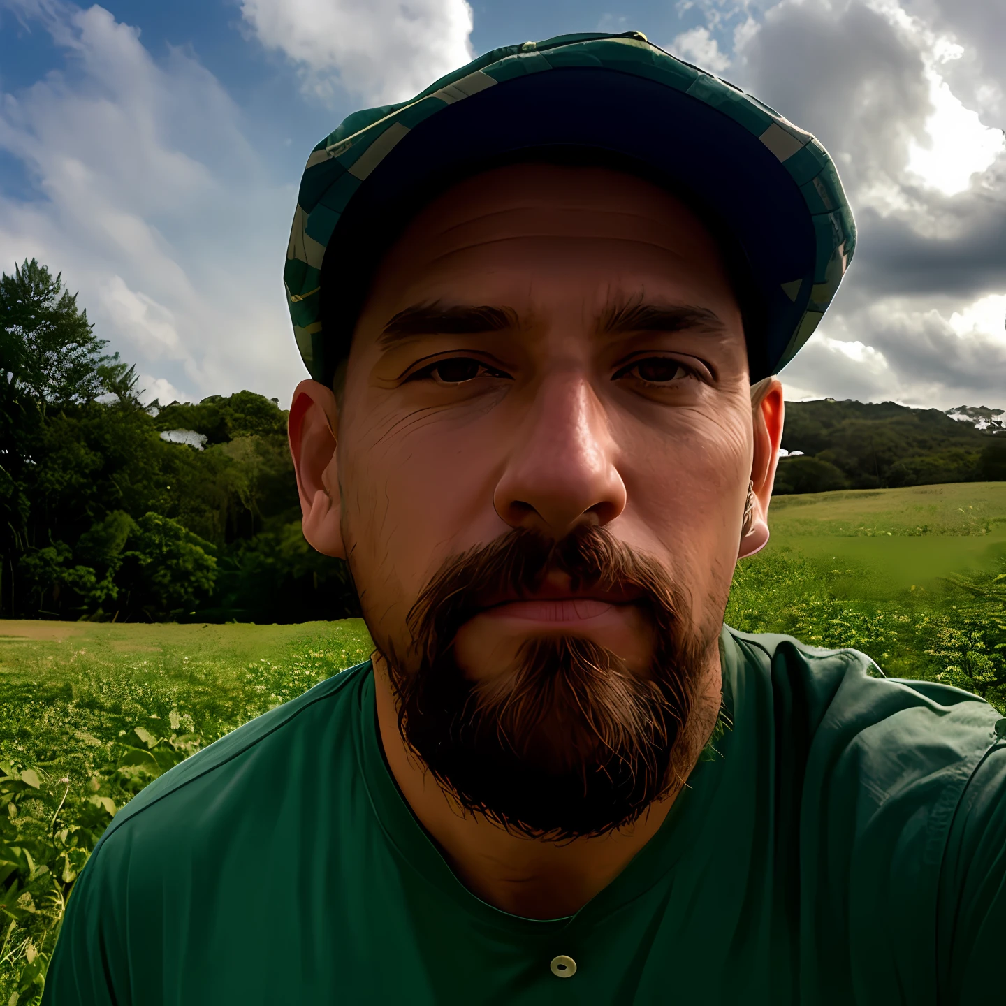 Man with goatee and hat taking a selfie, com restolho limpo, com leve restolho, foto de perfil, imagem de qualidade muito baixa, ligeiro restolho, album photo, cerca de 3 0 anos, foto de baixa qualidade, imagem de perfil, Foto realista, foto selfie, Forrest em segundo plano --auto