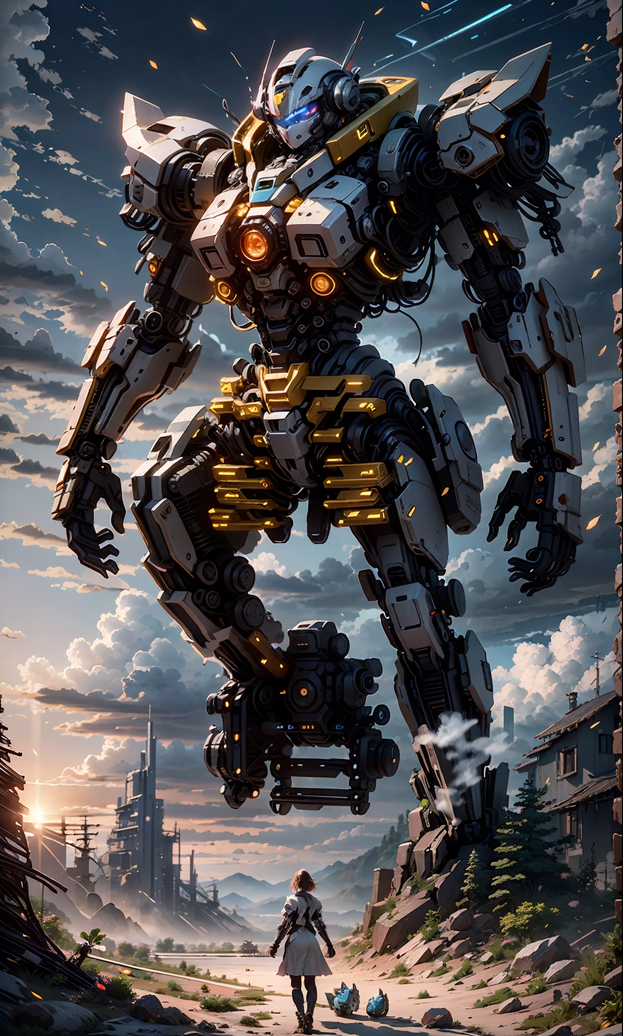 ((Best Quality)), ((Masterpiece)), (Very Detailed:1.3), 3D, Shitu-mecha, Beautiful cyberpunk woman with her pink mech in the ruins of a city in the forgotten war, Ancient technology, HDR (High Dynamic Range), ray tracing, NVIDIA RTX, super resolution, unreal 5, subsurface scattering, PBR texture, post-processing, anisotropic filtering, depth of field, maximum sharpness and sharpness, multi-layer texture, albedo and highlight maps, surface shading, Accurate simulation of light-material interactions, perfect proportions, octane rendering, duotone lighting, low ISO, white balance, rule of thirds, wide aperture, 8K RAW, efficient sub-pixels, subpixel convolution, luminescent particles, light scattering, Tyndall effect