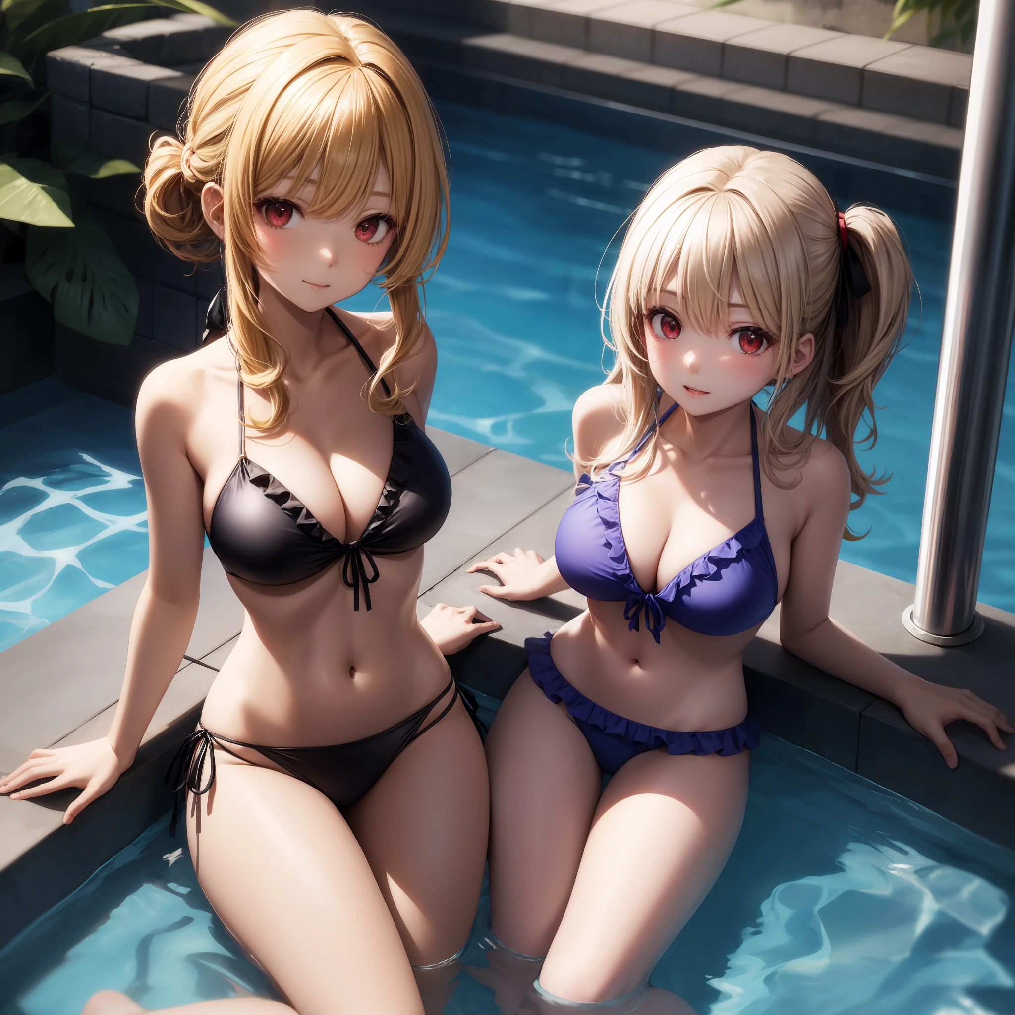 animated cartoon、Blonde girl with red eyes、soio、独奏、Bikini with ruffles、pools