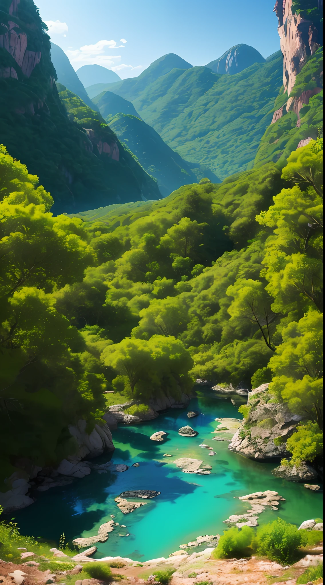 an ultra-realistic landscape of a planet from another dimension with plants of different colors, um rio de cor roxa. --auto