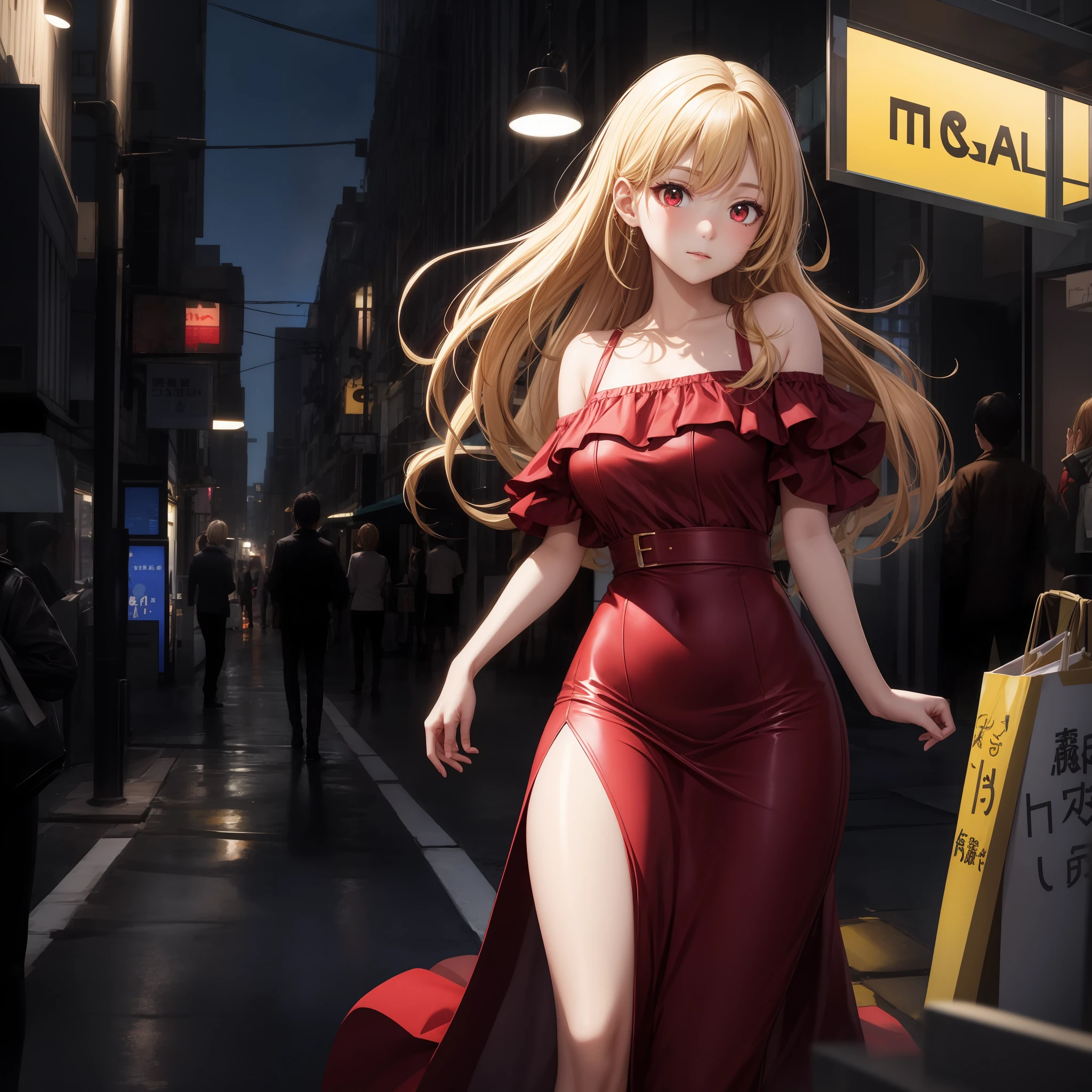 animated cartoon、One beautiful blonde girl、red eyes、Red dress、off shoulders、Umi
