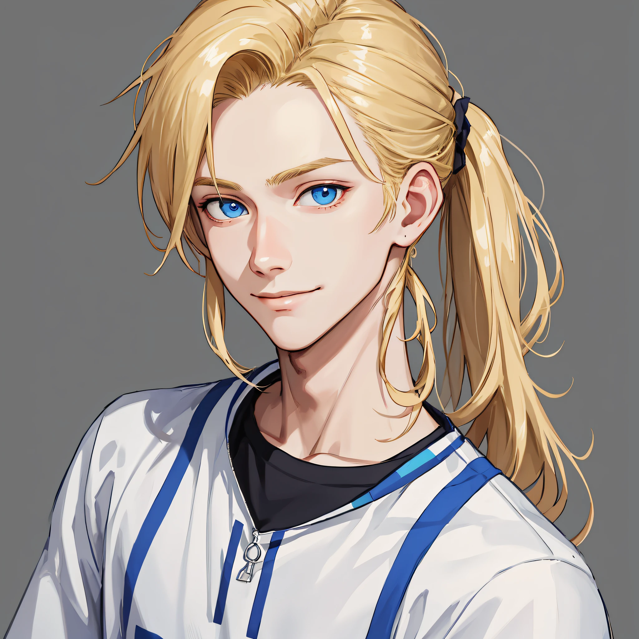 (high quality, masterpiece, absurdres), a portrait of a young man, blonde hair, ponytail, beautiful face, blue eyes, androgynous, slight smile, male focus, casual clothes, detailed face, simple background, cowboy shot,