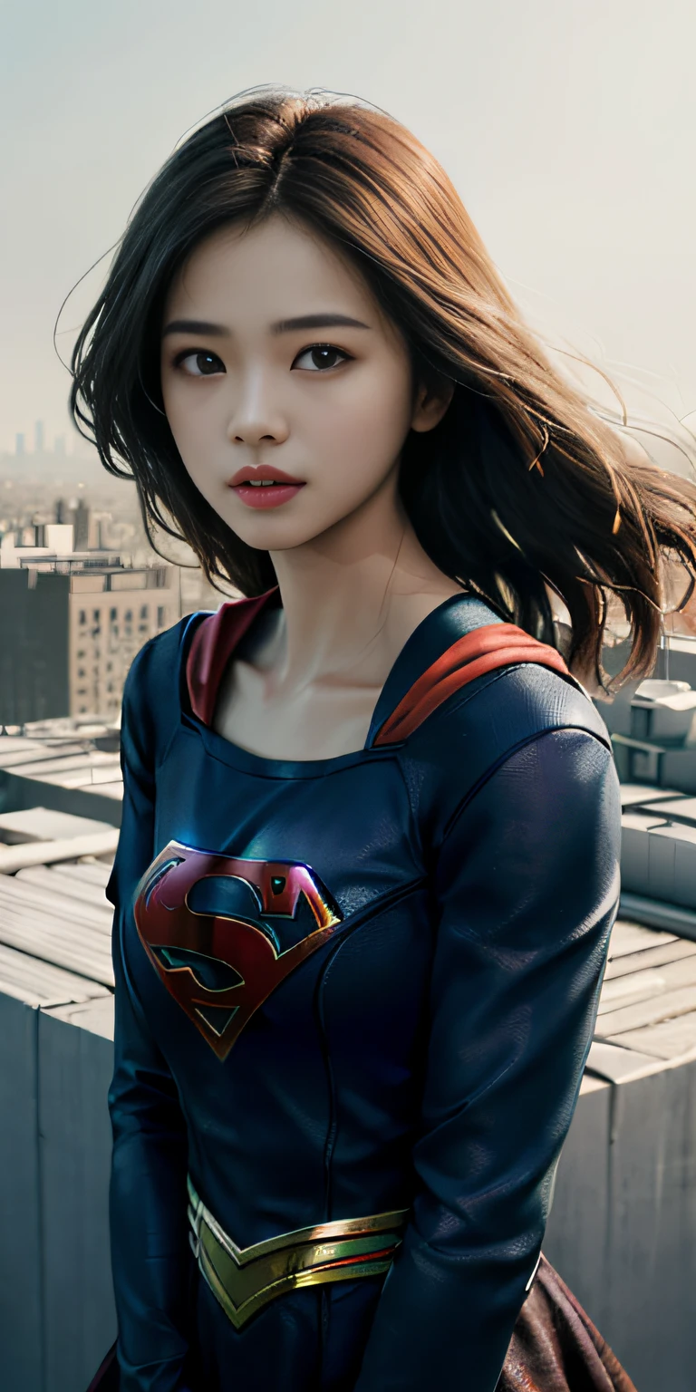 (1girl in:1.3), 独奏, (((very highly detailed face)))), ((very detailed eyes and faces)))), beautiful finely detailed eyes, Body parts__, Official Art, 统一 8k 壁纸, superdetailed, Beautiful and beautiful, lovly, шедевр, 最好质量, original, шедевр, ultra fine photos, 最好质量, ultra-high-resolution, Realistic realism, sunsight, full-body portraits, Amazing beauty, Latin face、(Floating in the air)、Arms down、Face down、Dynamic poses, Delicate face, vibrant eyes, (head on), She suits Supergirl、Red and black color scheme、Scorpion、very detailed city roof background、On the rooftop、overlooking a city、detailed faces、Detailed complex busy background、Messy and gorgeous milky white、highlydetailed skin、realistic skin detail、Visible pores、clear focus、Volumetric fog、8k UHD、DSLR、highly quality、film grains、fair white skin、photo realism、Lomography、Futuristic dystopian megalopolis、 semi transparent