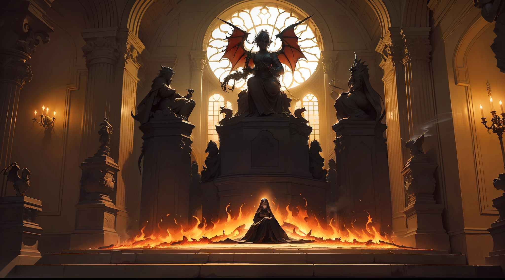 (melhor qualidade,best ilumination,melhor sombra,uma cidade super sombria,emocionante e aterrorizante,an underground palace with a majestic decoration,escuro,illuminated by fragile, warm lights,pequenos detalhes frios em contraste com a arquitetura quente e detalhada,Decoration inspired by a Gothic and Baroque style:1.4,Gargoyles and shadowy statues,guardas vestidos de forma ornamentada e desumana, a hellish touch with flames and smoke,uma aura vermelha sangrenta pairando sobre a cidade:1.2)