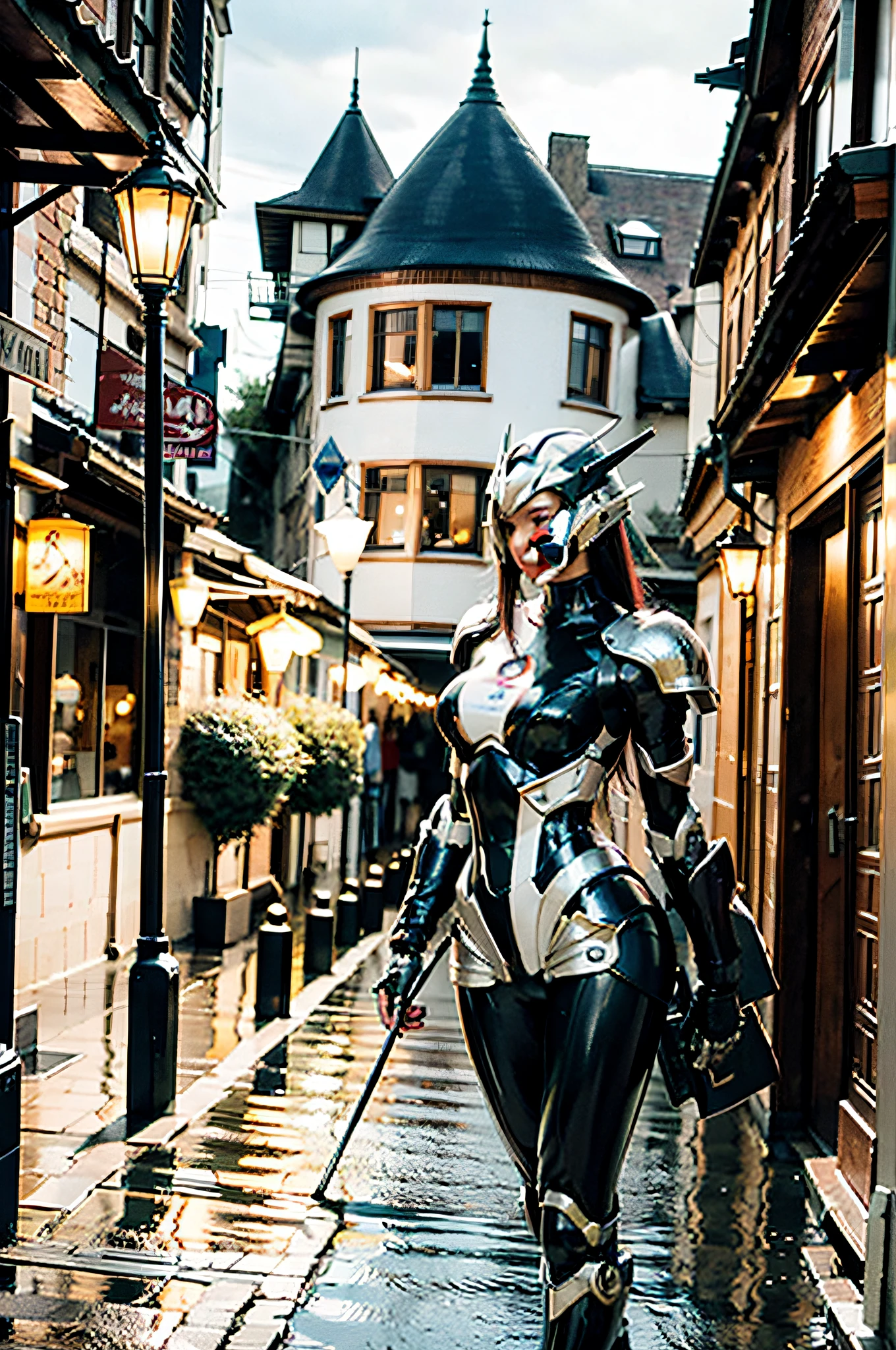 1 girl, dark skin, mecha musume, African girl, mechanical parts, super robot joints, full armor,headgear, Gaborone: Summer in Botswana is filled with a thick air of romance. The old buildings become more serene and dusty in the Autom season, and the lights along the canal reflect on the tarred road at night, forming a beautiful ink painting.,Enchanting pathway through a whimsical garden, __startwar__