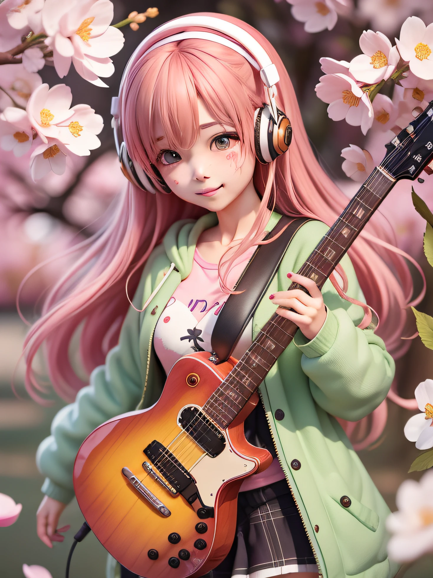 A beautiful and cute girl, Her long hair fluttered slightly, Wears a green headdress, Wear a pink shirt and long-sleeved coat, The face is painted with a pink blush, The eyes are confused and beautiful。She smiled and walked under the cherry blossom trees, Holding a guitar in his hand, Wearing black headphones。, The background music begins, The soft sound of the guitar sounded slowly。
