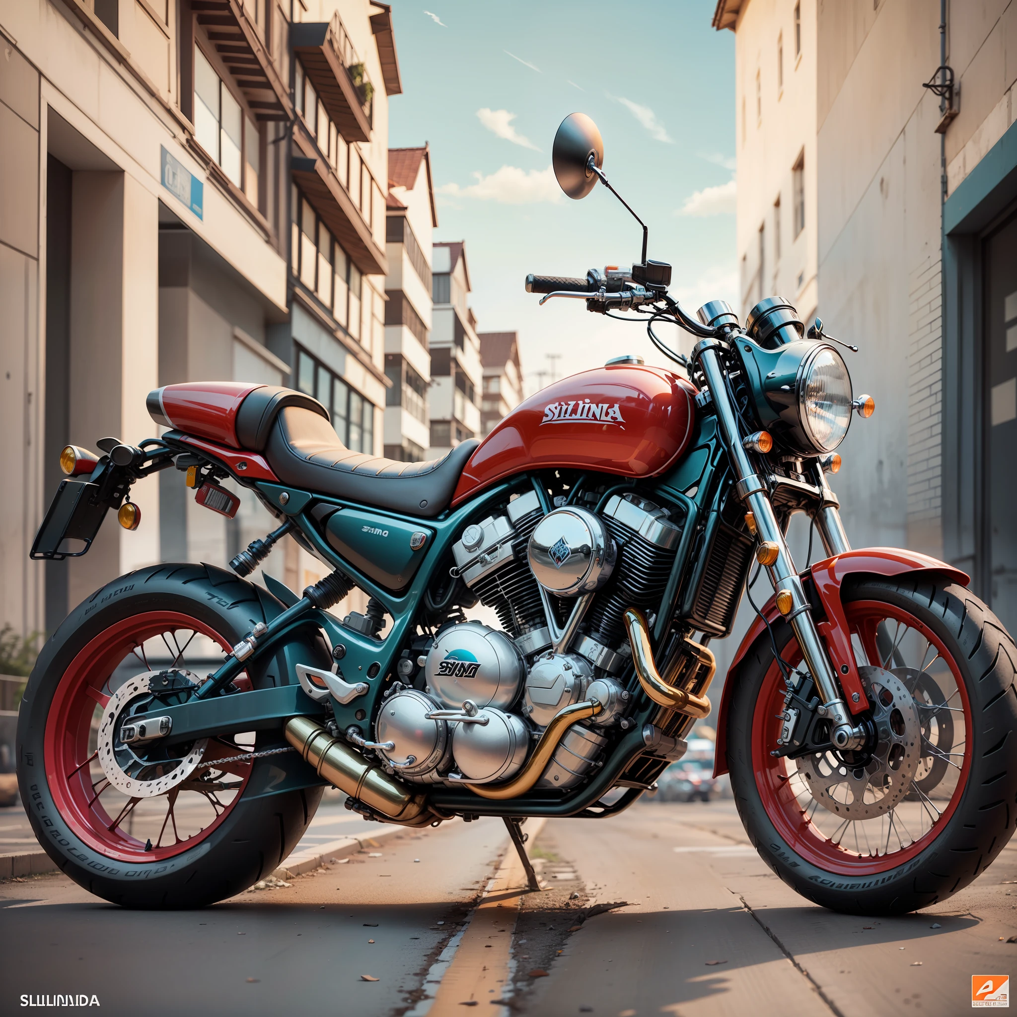 Foto de uma Moto silindrada 160 scuter 2023 realista 32k ((obra prima)) vermelha em Detalhes cor de ouro foto realista