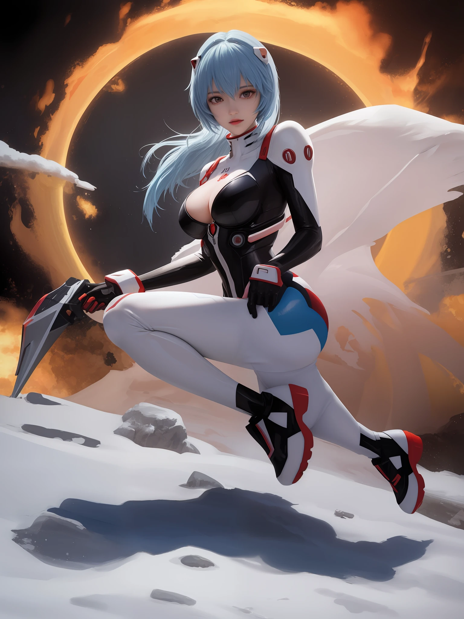 A illustration, a masterpiece of, Magnificent Art, the best quality, 1girl huge large breasts,ayanami rei(Evangelion), Winter weather, Silky skin like peach silk, Short messy blue hair, Sculptural body, (com fagulhas de fogo: 0.7), Adobe illustration, Trand on Artstation, 8K, Hi-Def, uhdr, Cool soft lighting,(Full body natural latex combat suit,,Dynamic pose),((mediuml breasts):1.2,big legs),abstract backgrounds,look to the camera