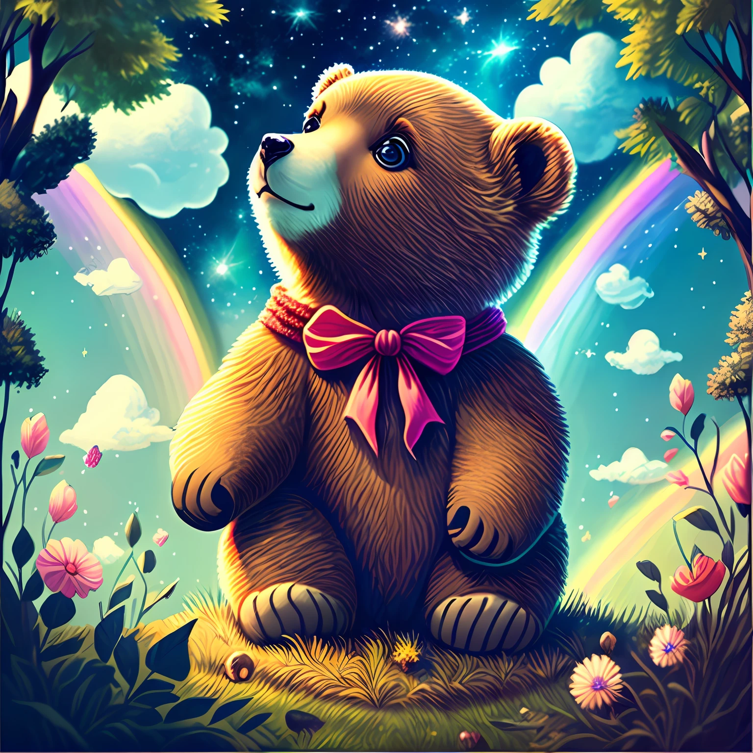 The little bear in the enchanted forest looking up at the sky seeing the rainbow
