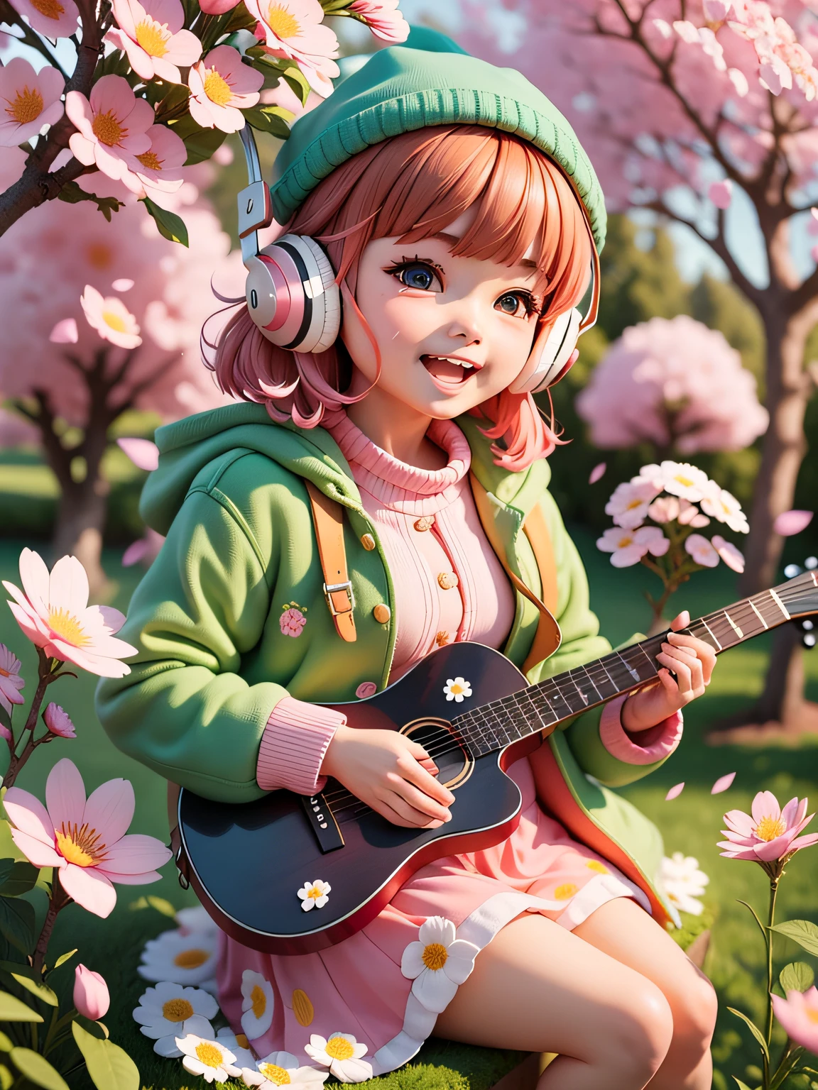 A beautiful and cute girl, Her long hair fluttered slightly, Wears a green headdress, Wear a pink shirt and long-sleeved coat, The face is painted with a pink blush, The eyes are confused and beautiful。She smiled and walked under the cherry blossom trees, Holding a guitar in his hand, Wearing black headphones。, The background music begins, The soft sound of the guitar sounded slowly。