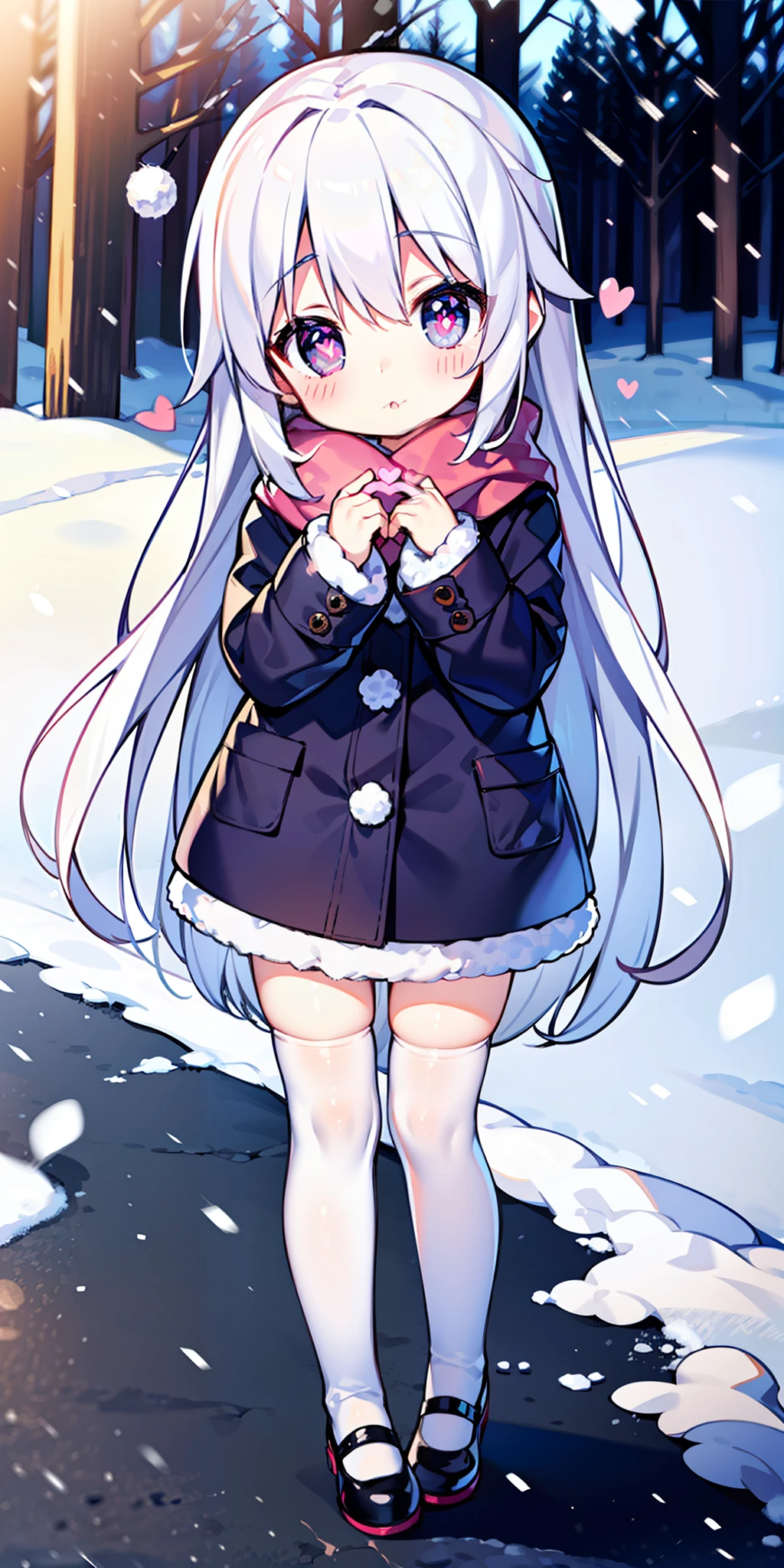 , long hair, cute, heart-shaped pupils, solo, white hair, blush, winter, snow, outdoors, white stockings, standing