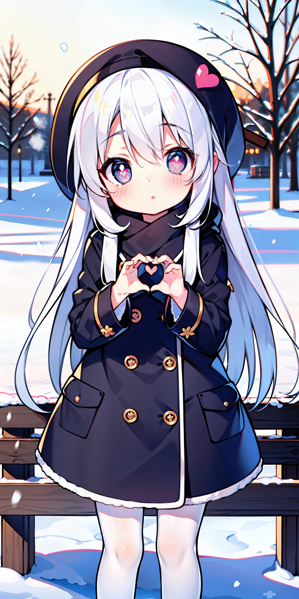 Loli, long hair, cute, heart-shaped pupils, solo, white hair, blush, winter, snow, outdoors, white stockings, standing