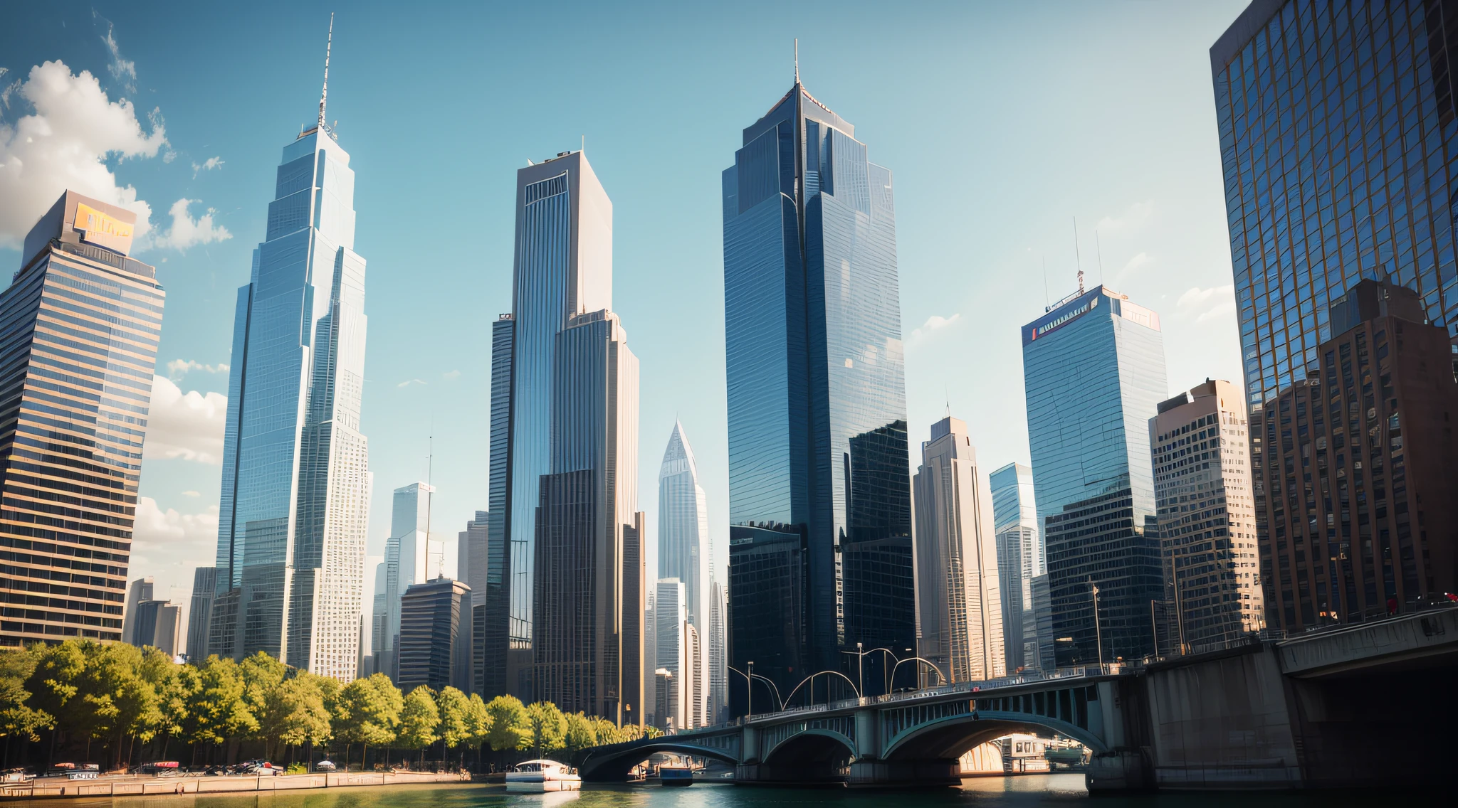 A cityscape with tall buildings, bridges, and cars --auto